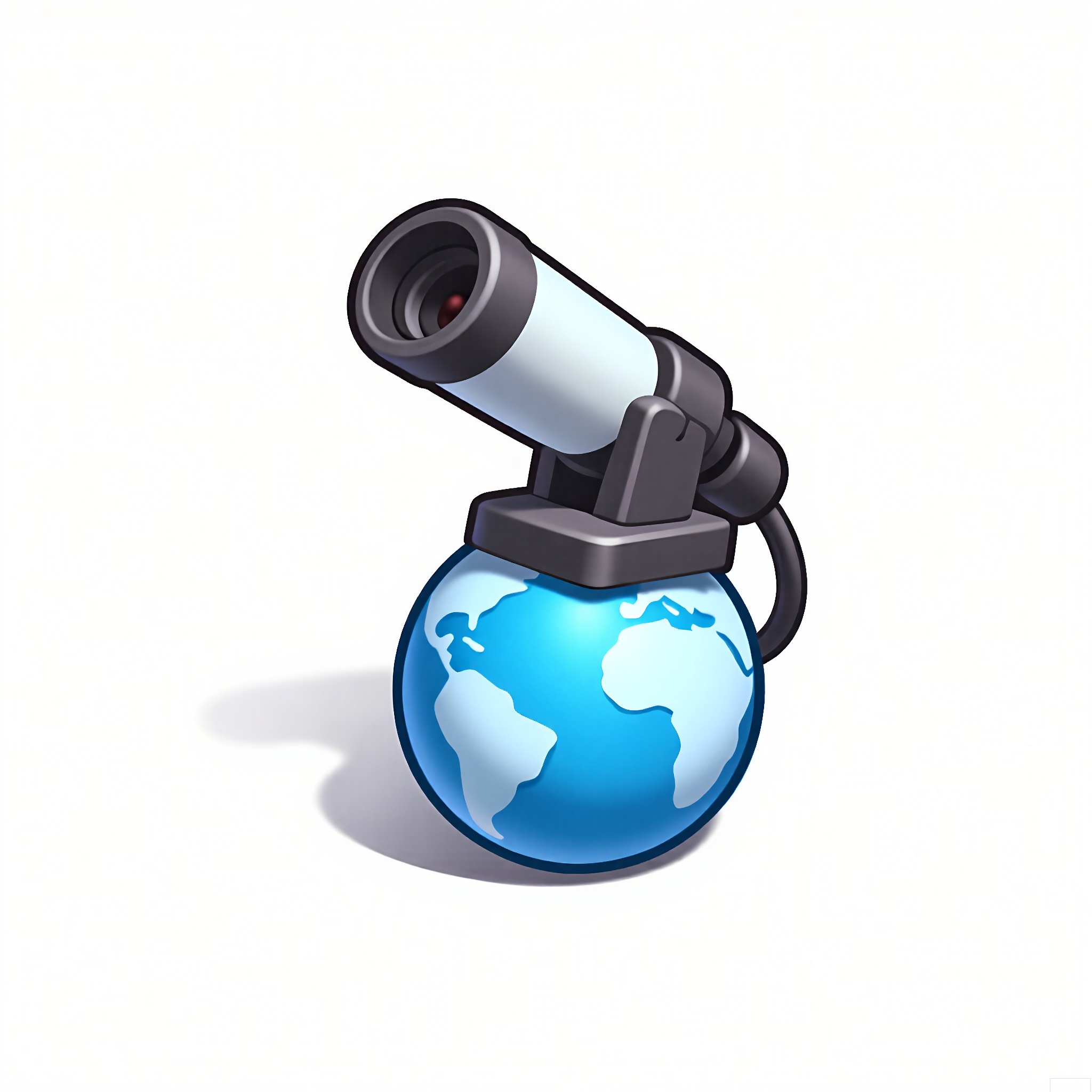 XTB, A digital illustration of a cartoon game icon of a telescope attached to a blue planet-shaped clip-on holder, placed on a white background. The telescope is a small, portable model with a lens that can be adjusted. The design is astronomical and curious, with a space exploration aesthetic. The telescope is pointed upwards, as if observing the stars. The planet-shaped clip has a blue and white color scheme, representing Earth, and a textured surface, adding realism. The overall style is clean and modern, emphasizing the wonder of the universe.
