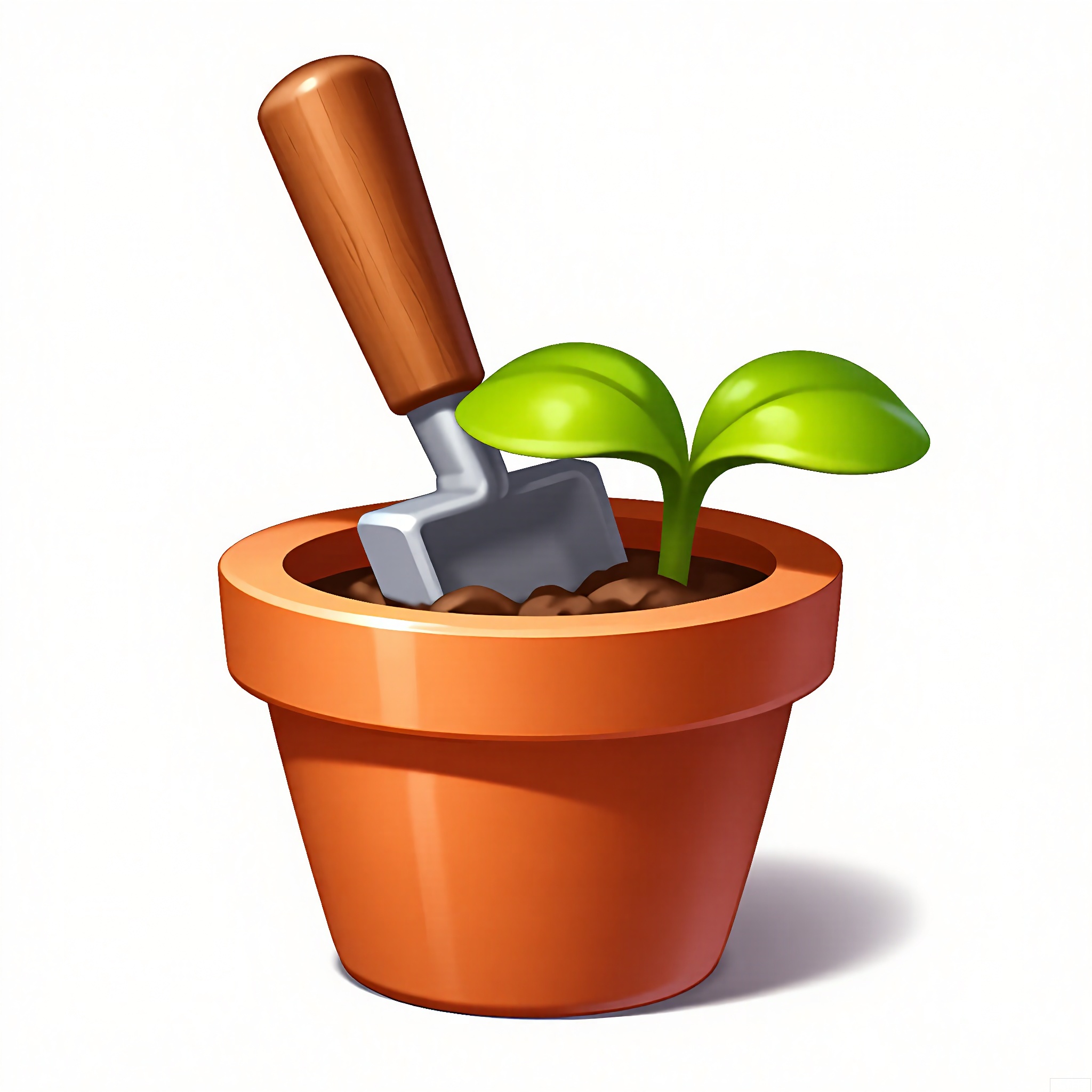 XTB, A digital illustration of a cartoon game icon of a gardening shovel attached to a brown flower pot-shaped clip-on holder, against a white backdrop. The gardening shovel has a wooden handle and a metal blade. The design is gardening and nature-inspired, with a planting aesthetic. The shovel is slightly buried in the soil of the flower pot, as if the gardener is about to dig. The flower pot-shaped clip has soil and a small plant growing out of it, adding realism. The overall style is clean and modern, highlighting the joy of gardening.
