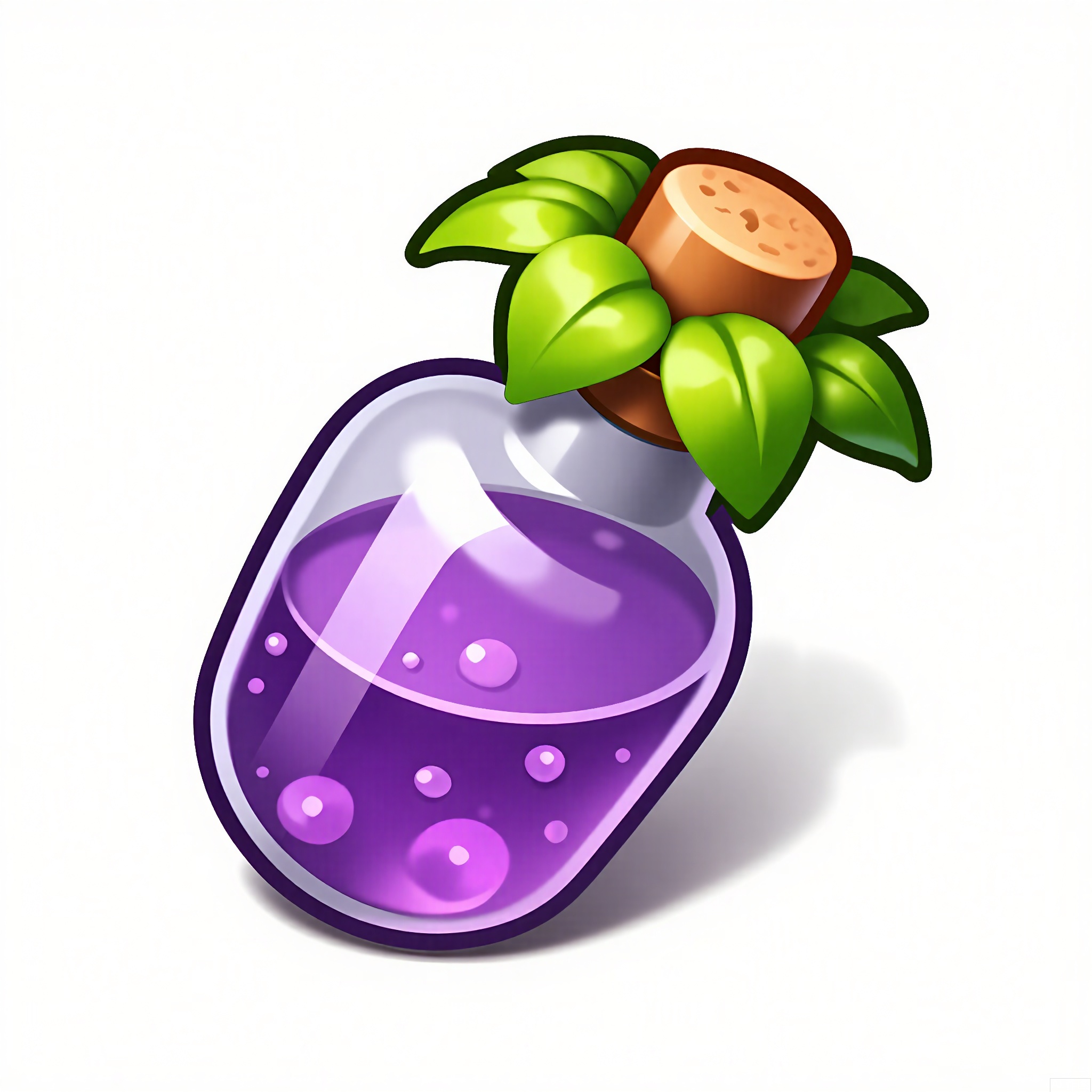 XTB, A digital illustration of a cartoon game icon of a potion bottle attached to a green leaf-shaped clip-on holder, against a plain white backdrop. The potion bottle is a deep purple color with a cork stopper, and it's bubbling slightly. The design is mystical and alchemical, with a potion-making aesthetic. The bottle is tilted, showing off the magical liquid inside. The leaf-shaped clip has a vibrant green color and veins that look realistic. The overall style is clean and modern, highlighting the wonder of magic.
