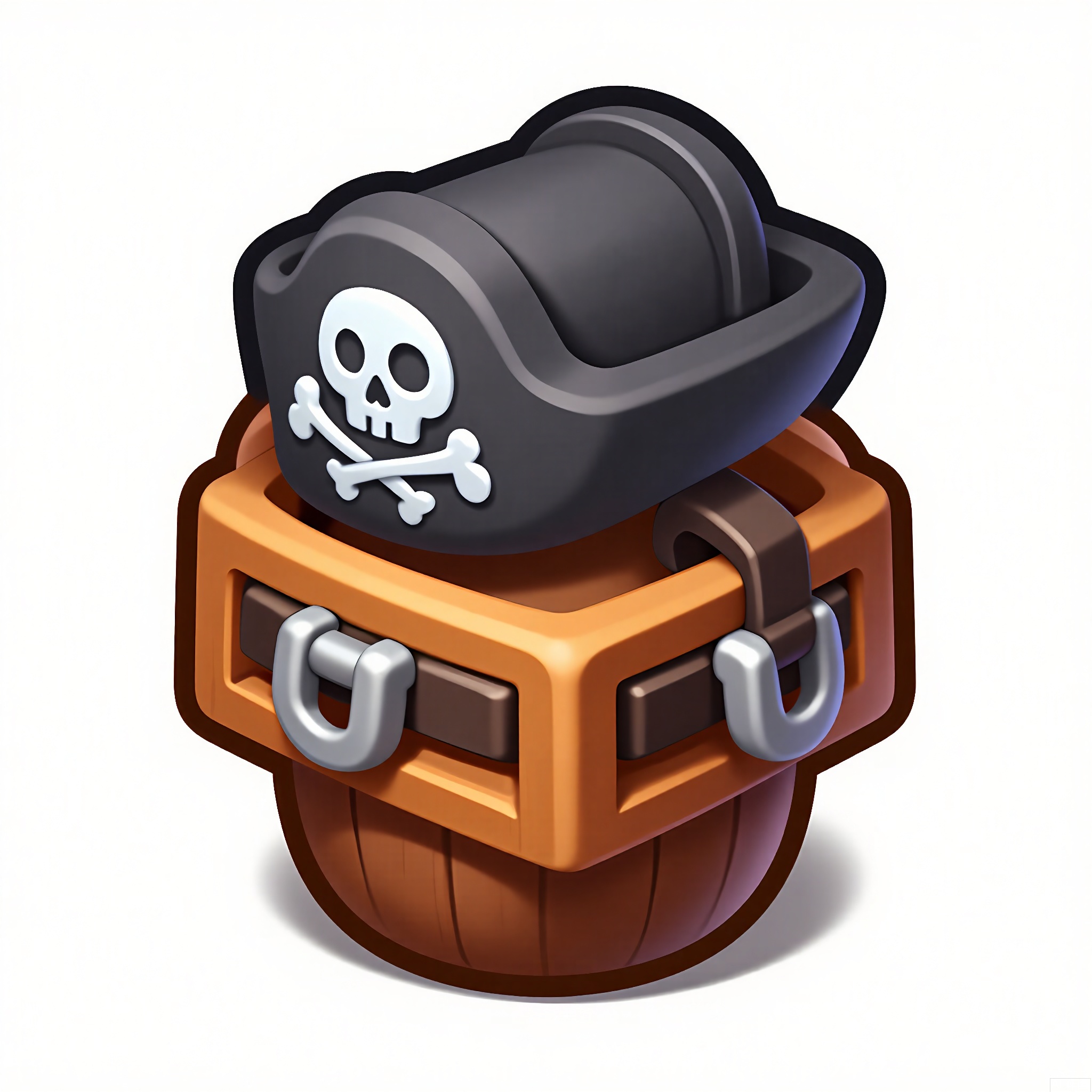 XTB, A digital illustration of a cartoon game icon of a pirate's hat attached to a brown barrel-shaped clip-on holder, placed on a white background. The pirate's hat is black with a skull and crossbones patch on the front. The design is pirate-themed and playful, with a swashbuckling aesthetic. The hat is tilted to the side, giving it a rakish look. The barrel-shaped clip has wooden planks and metal hoops, adding a touch of realism. The overall style is clean and modern, capturing the spirit of adventure on the high seas.
