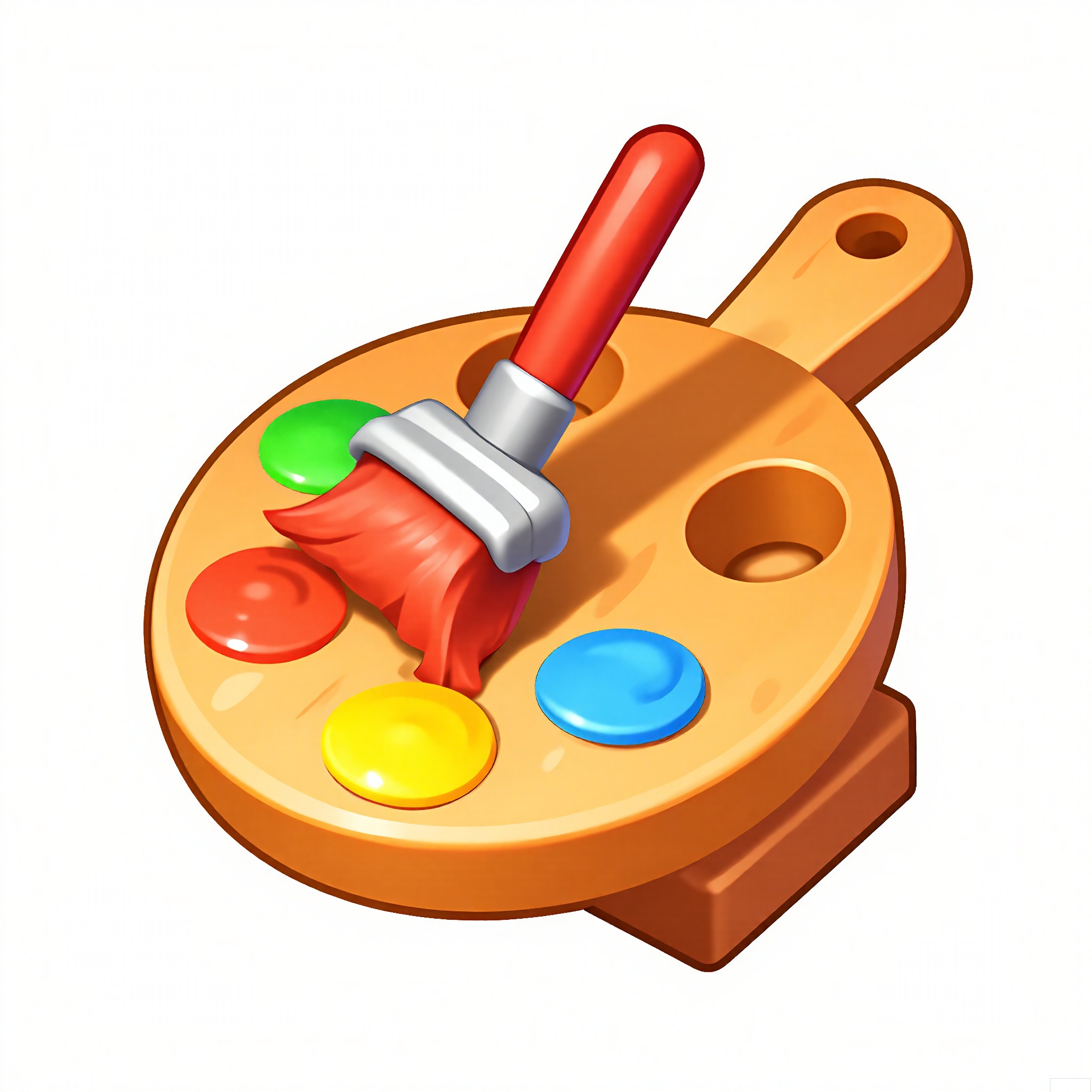 XTB, A digital illustration of a cartoon game icon of a paintbrush attached to a yellow palette-shaped clip-on holder, placed on a white background. The paintbrush has bright red bristles and a wooden handle. The design is artistic and creative, with a painting aesthetic. The brush is in mid-stroke, as if the artist is creating a masterpiece. The palette-shaped clip has various colors of paint on it, arranged in small circles, adding realism. The overall style is clean and modern, emphasizing the joy of art.
