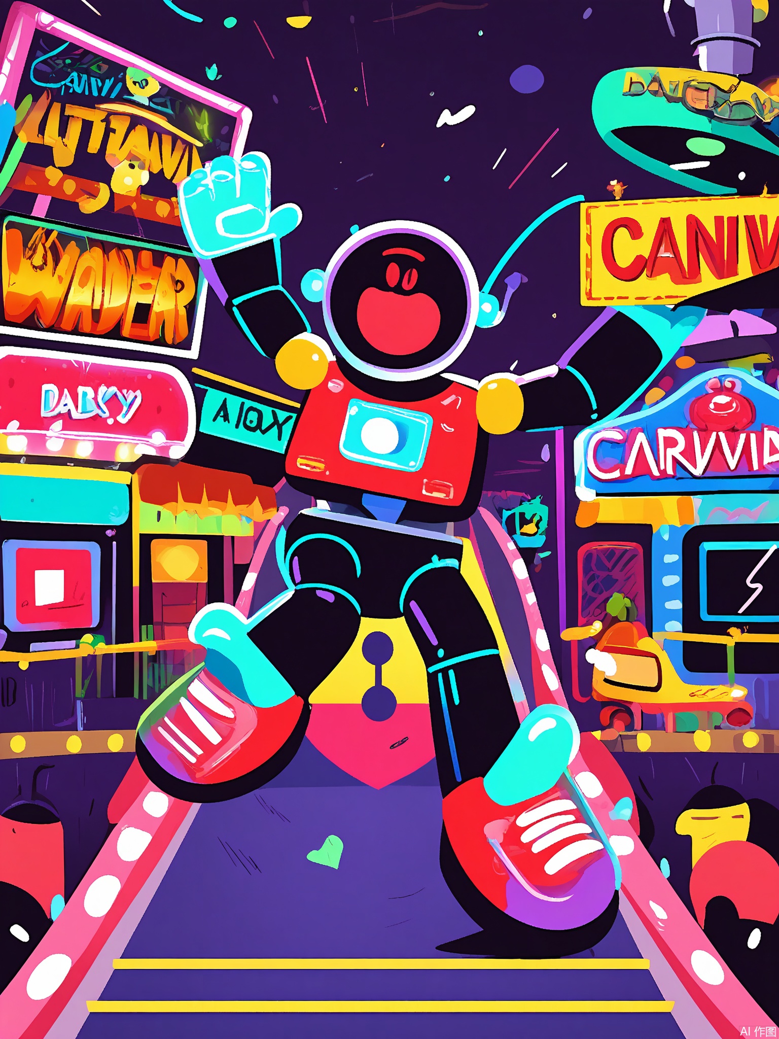SLXT, A vibrant, vector-lined commercial illustration of a robot-themed carnival. A little girl in a futuristic outfit is riding a robot-shaped roller coaster. She holds a glowing toy. The background features a high-tech carnival with a laser tag arena, a robotic arm candy grabber, and a sign reading "Robo Rally." The sky is a dark purple with some neon lights. The style is energetic and cartoonish, with bold outlines and a mix of bright, futuristic colors, conveying the thrill and wonder of a robot carnival.
