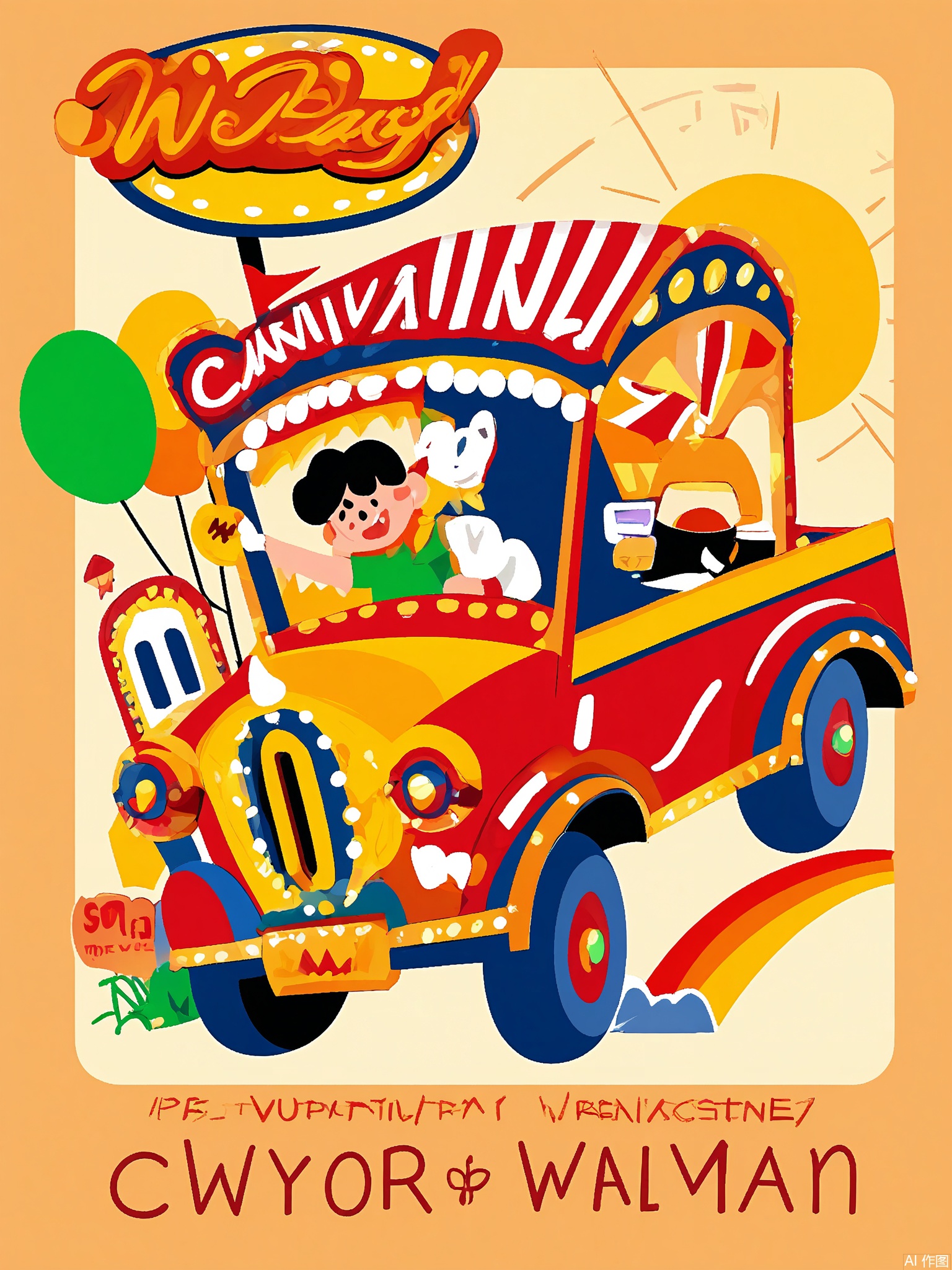 SLXT, A lively, vector-lined commercial illustration of a retro-themed carnival. A young boy in a vintage-style shirt and jeans is riding a classic car on a carousel. The background shows a nostalgic carnival with a pinball machine game, a root beer float stand, and a sign that says "Retro Revival." The sky is a warm orange with a sunset glow. The style is playful and cartoonish, with bold outlines and a mix of retro colors, capturing the charm and excitement of a retro carnival.
