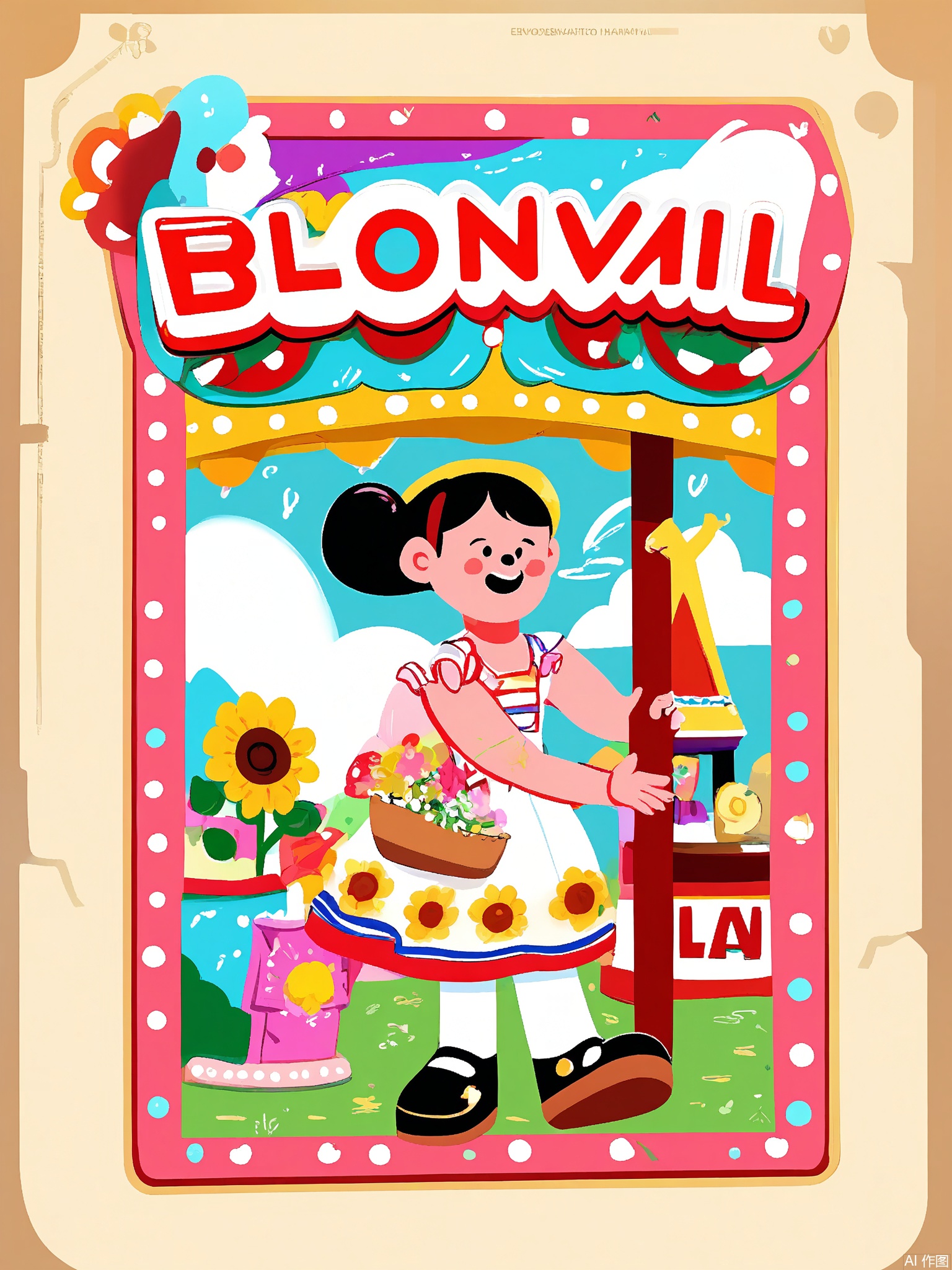SLXT, A colorful, vector-lined commercial illustration of a flower-themed carnival. A little girl in a floral dress is picking flowers on a flower-shaped carousel. She holds a basket of flowers. The background depicts a blooming carnival with a sunflower slide, a rose-flavored cotton candy stand, and a sign reading "Floral Fiesta." The sky is a soft lavender with some fluffy white clouds. The style is whimsical and cartoonish, with bold outlines and bright, floral colors, evoking the beauty and joy of a flower carnival.
