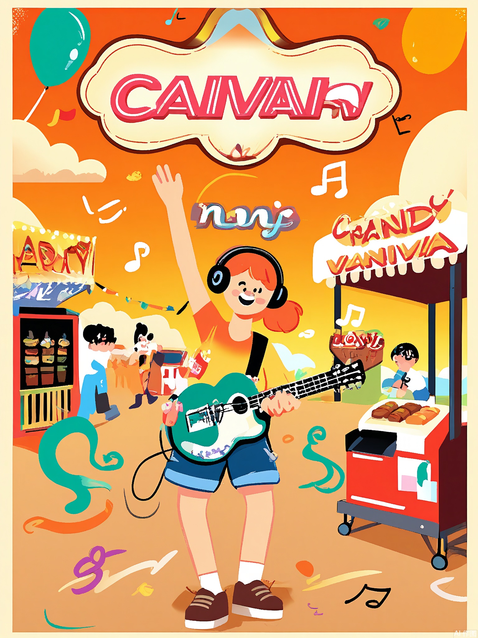 SLXT, A vibrant, vector-lined commercial illustration of a music festival carnival. A young girl with headphones is dancing on a stage made of musical notes. She wears a tie-dye shirt and denim shorts. The background features a lively music carnival with a Ferris wheel shaped like a guitar, a food truck selling musical-themed treats, and a sign that says "Sound Wave Fest." The sky is a warm orange with a sunset glow. The style is energetic and cartoonish, with bold outlines and a mix of bright and pastel colors, capturing the joy and rhythm of a music festival carnival.
