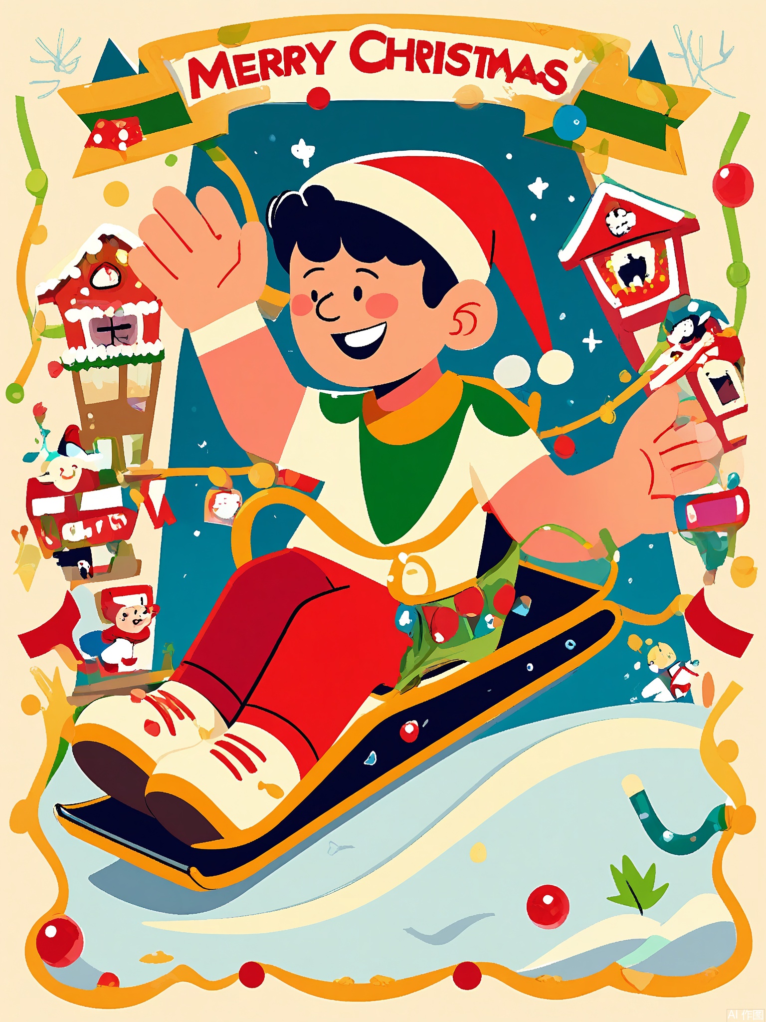 SLXT, A lively, vector-lined commercial illustration of a holiday carnival. A young boy in a Santa hat is sledding down a snowy hill on a sled. The background shows a festive holiday carnival with an ice skating rink shaped like a candy cane, a gingerbread house slide, and a sign that says "Holiday Hooray." The sky is a dark blue with some twinkling Christmas lights. The style is joyful and cartoonish, with bold outlines and a mix of red, green, and white colors, capturing the magic and excitement of a holiday carnival.
