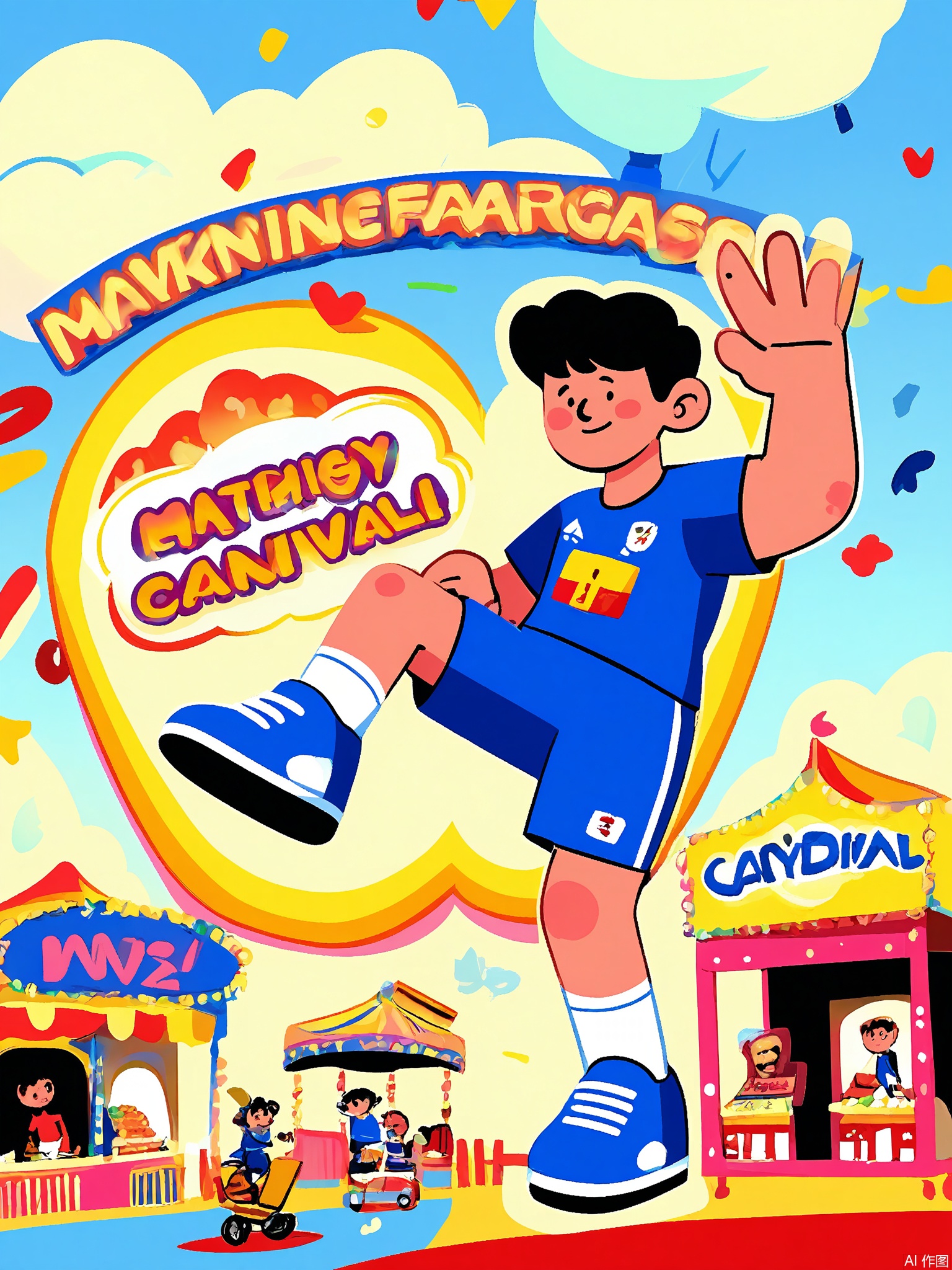 SLXT, A colorful, vector-lined commercial illustration of a sports-themed carnival. A young boy in a soccer jersey is kicking a ball into a goal on a soccer-themed carousel. The background depicts a sports carnival with a basketball shooting game, a hot dog stand with sports-themed toppings, and a sign that says "Sports Spectacle." The sky is a bright blue with a few white clouds. The style is energetic and cartoonish, with bold outlines and a mix of bright team colors, capturing the excitement and competition of a sports carnival.
