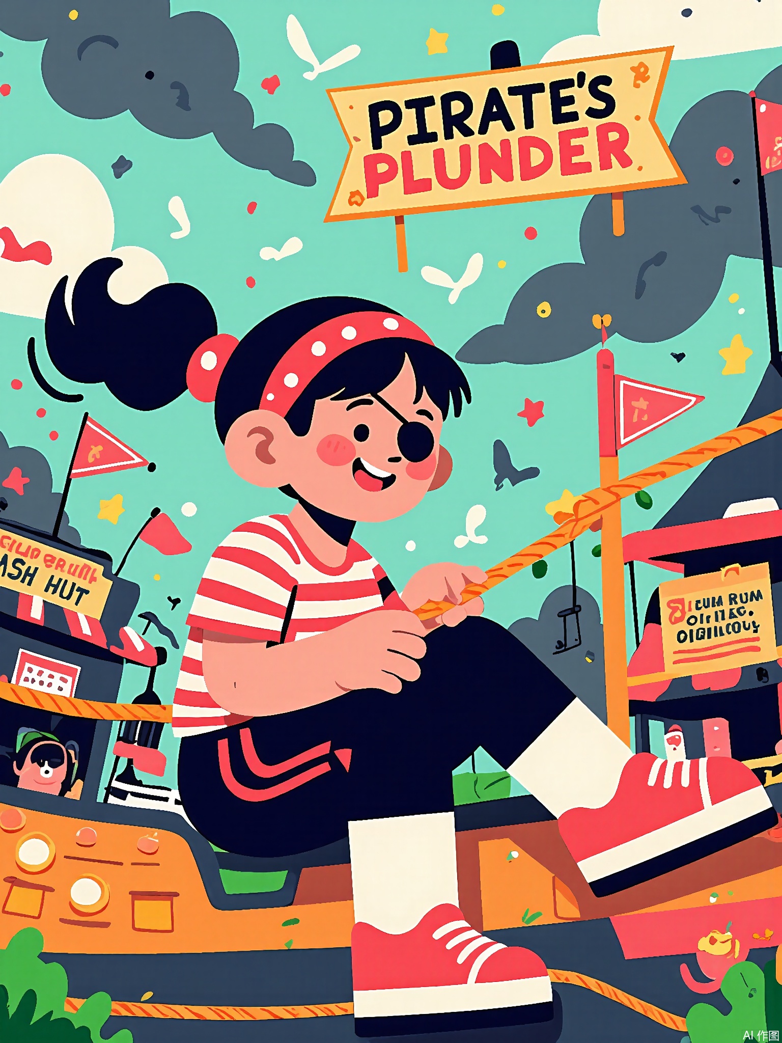 SLXT, A colorful, vector-lined commercial illustration of a pirate-themed carnival. A young pirate girl with a bandana and an eye patch is climbing a rope ladder on a pirate ship ride. She wears a striped red and white shirt and black pants. The background depicts a pirate cove carnival with a treasure hunt game, a rum-flavored cotton candy stand, and a sign that says "Pirate's Plunder." The sky is a stormy gray with some patches of blue. The style is adventurous and cartoonish, with bold outlines and a mix of dark and bright colors, capturing the excitement and mischief of a pirate carnival.
