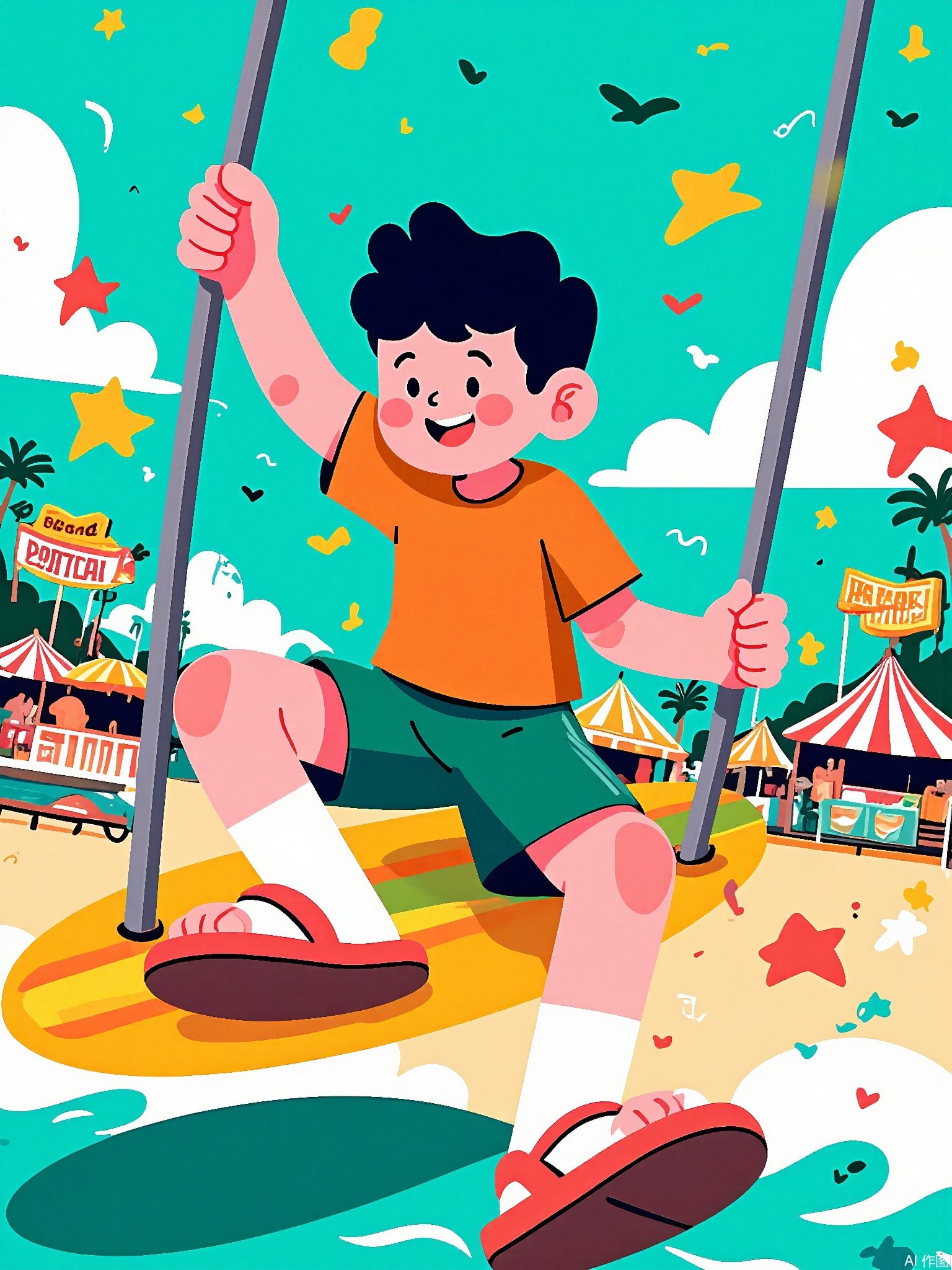 SLXT, A vivid, vector-lined commercial illustration of a beach carnival scene. A young boy with tousled hair is riding a colorful surfboard-shaped swing. He wears a bright orange rash guard and green board shorts, with red flip-flops. The background depicts a lively beachfront with a roller coaster by the shore, a popcorn stand, and a sign that says "Summer Fiesta." The sky is a clear azure with wispy white clouds. The style is lively and cartoonish, with thick, bold outlines and a palette of vibrant hues, capturing the exhilaration and fun of a beach carnival day.
