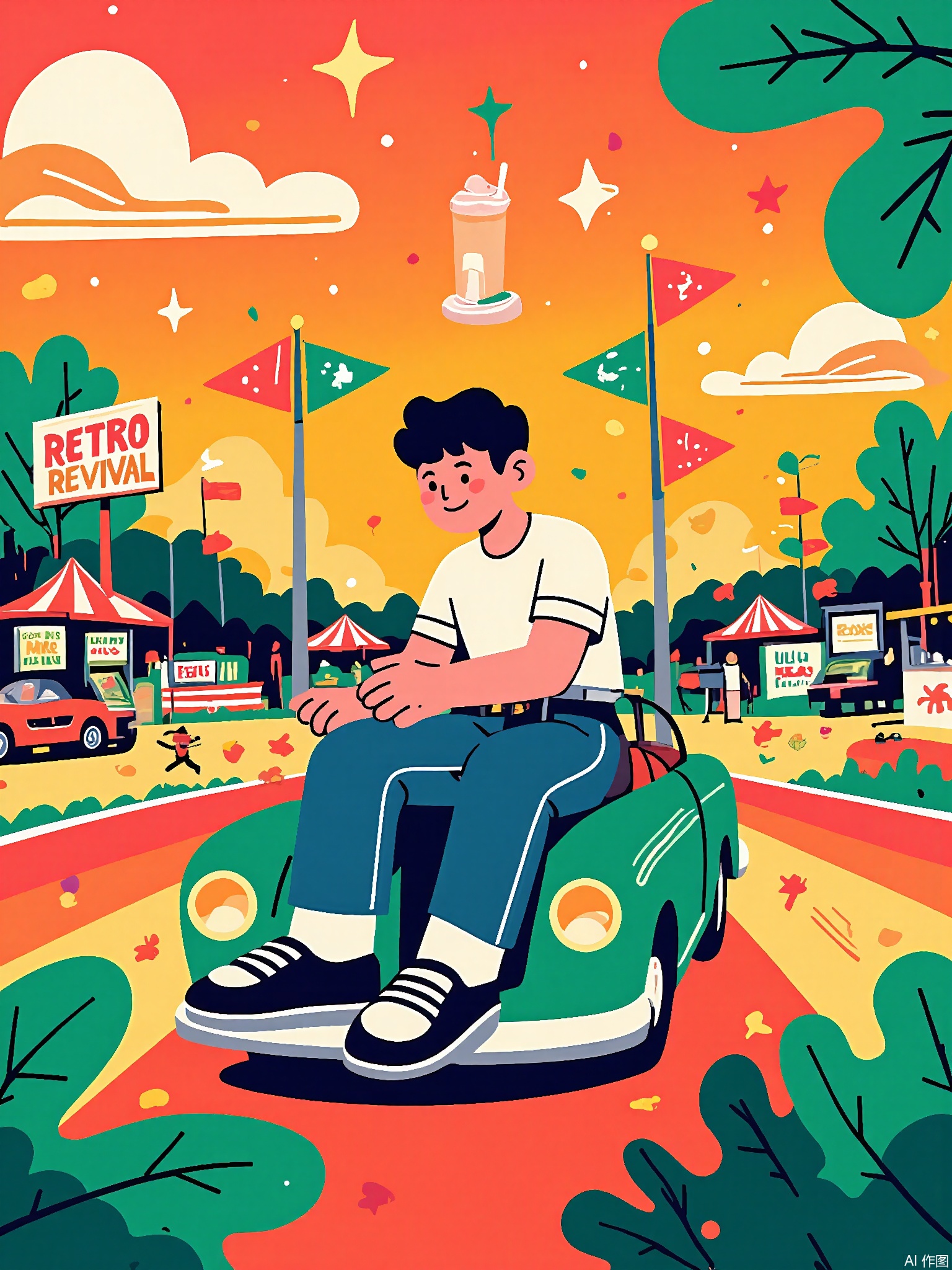 SLXT, A lively, vector-lined commercial illustration of a retro-themed carnival. A young boy in a vintage-style shirt and jeans is riding a classic car on a carousel. The background shows a nostalgic carnival with a pinball machine game, a root beer float stand, and a sign that says "Retro Revival." The sky is a warm orange with a sunset glow. The style is playful and cartoonish, with bold outlines and a mix of retro colors, capturing the charm and excitement of a retro carnival.
