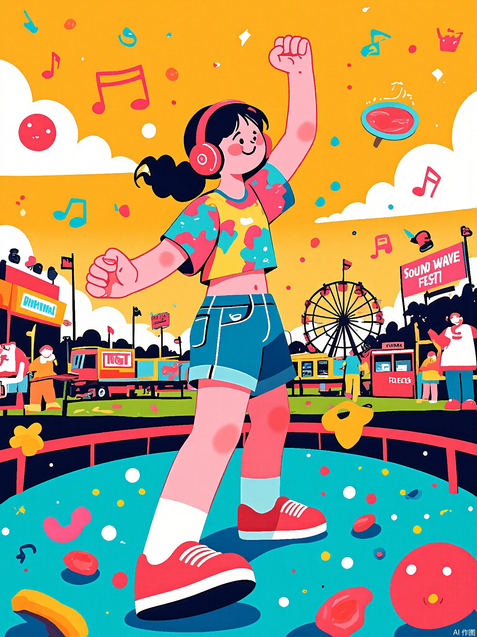 SLXT, A vibrant, vector-lined commercial illustration of a music festival carnival. A young girl with headphones is dancing on a stage made of musical notes. She wears a tie-dye shirt and denim shorts. The background features a lively music carnival with a Ferris wheel shaped like a guitar, a food truck selling musical-themed treats, and a sign that says "Sound Wave Fest." The sky is a warm orange with a sunset glow. The style is energetic and cartoonish, with bold outlines and a mix of bright and pastel colors, capturing the joy and rhythm of a music festival carnival.
