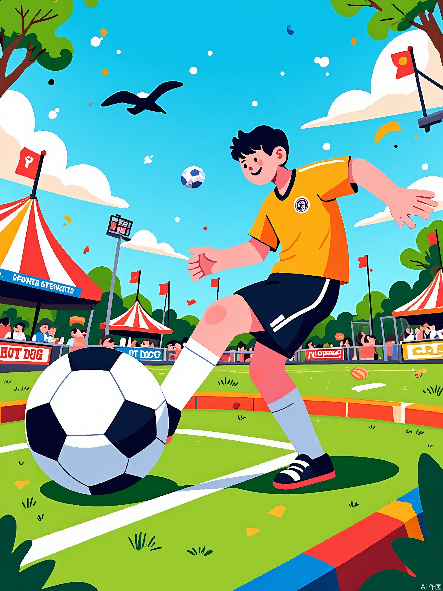 SLXT, A colorful, vector-lined commercial illustration of a sports-themed carnival. A young boy in a soccer jersey is kicking a ball into a goal on a soccer-themed carousel. The background depicts a sports carnival with a basketball shooting game, a hot dog stand with sports-themed toppings, and a sign that says "Sports Spectacle." The sky is a bright blue with a few white clouds. The style is energetic and cartoonish, with bold outlines and a mix of bright team colors, capturing the excitement and competition of a sports carnival.
