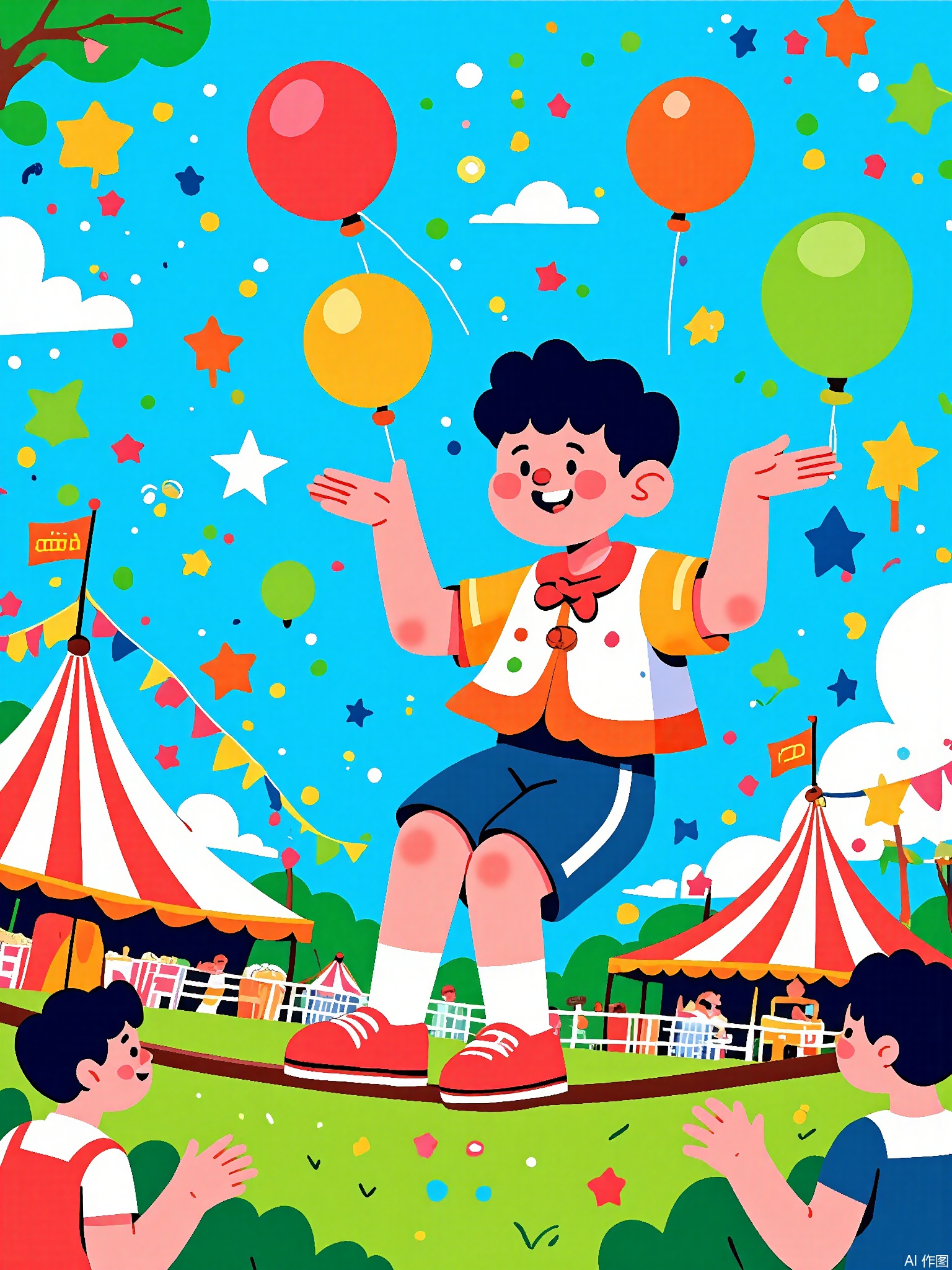 SLXT, A lively, vector-lined commercial illustration of a circus carnival. A young clown in a colorful costume is juggling balls on a tightrope. The background shows a classic circus carnival with a big top tent, a popcorn and peanut stand, and a sign that says "Circus Spectacular." The sky is a bright blue with a few white clouds. The style is playful and cartoonish, with bold outlines and a rainbow of colors, capturing the excitement and spectacle of a circus carnival.
