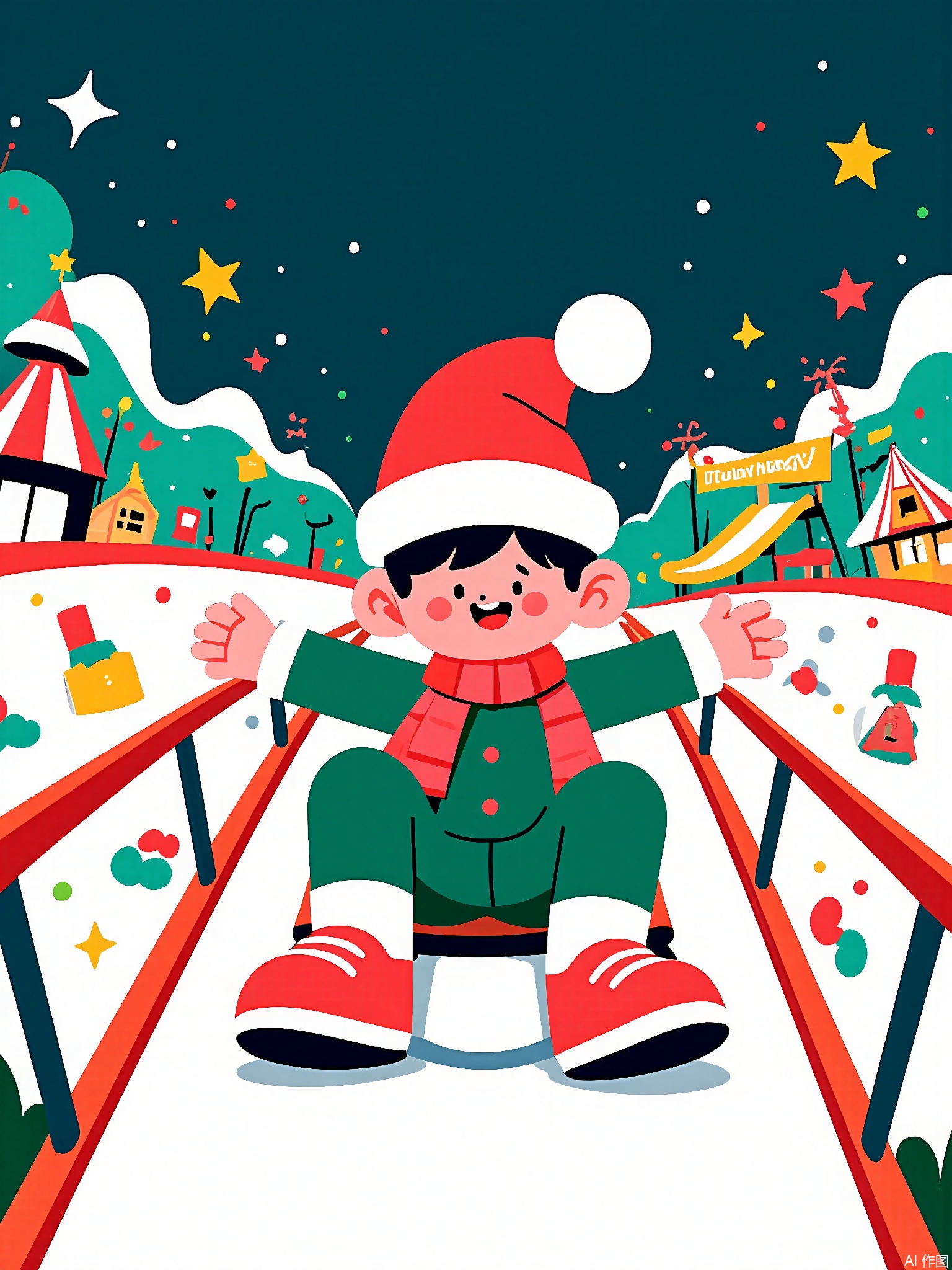 SLXT, A lively, vector-lined commercial illustration of a holiday carnival. A young boy in a Santa hat is sledding down a snowy hill on a sled. The background shows a festive holiday carnival with an ice skating rink shaped like a candy cane, a gingerbread house slide, and a sign that says "Holiday Hooray." The sky is a dark blue with some twinkling Christmas lights. The style is joyful and cartoonish, with bold outlines and a mix of red, green, and white colors, capturing the magic and excitement of a holiday carnival.
