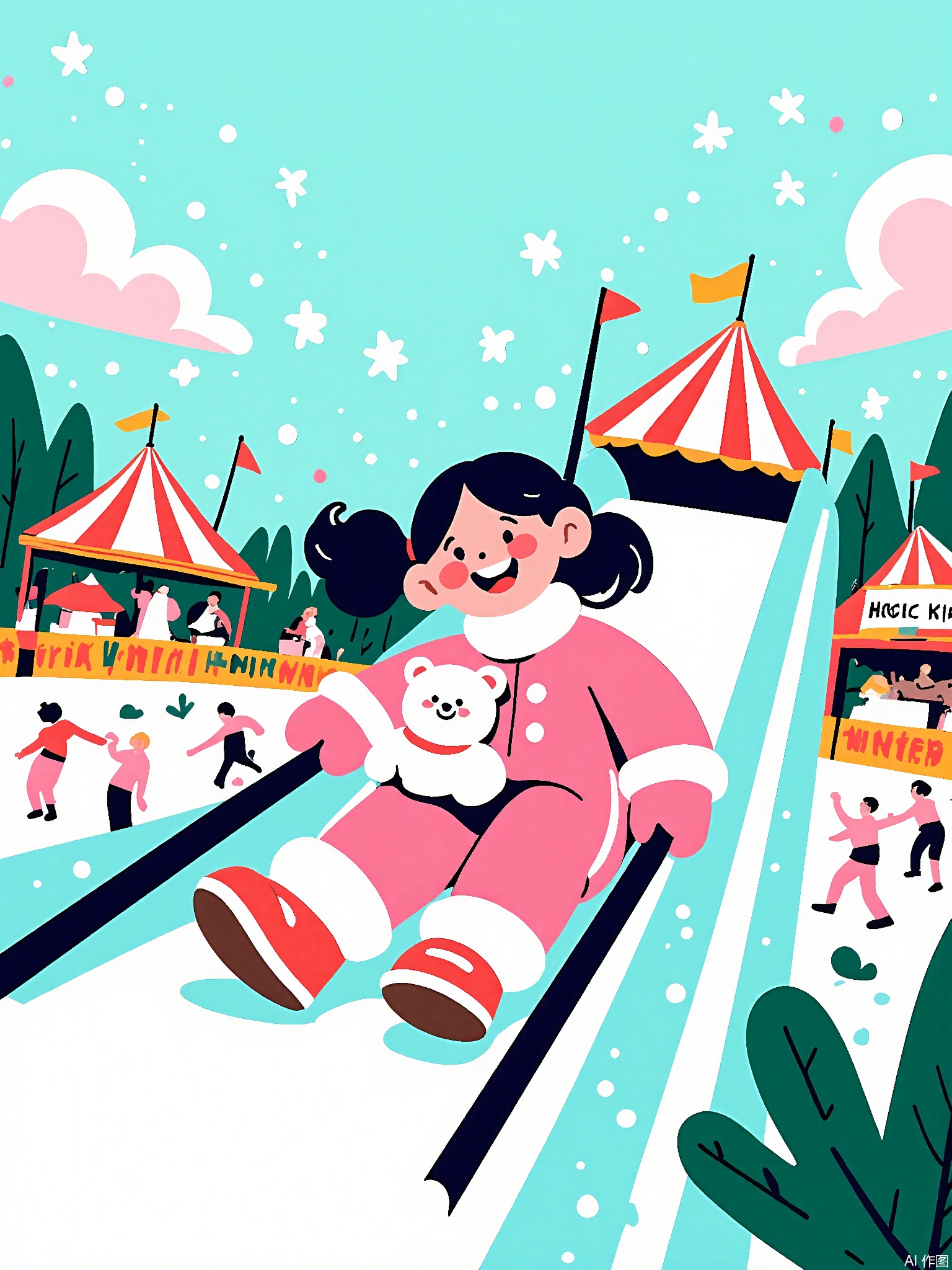 SLXT, A dynamic, vector-lined commercial illustration of a winter wonderland carnival. A little girl in a fluffy pink snowsuit and matching mittens is zooming down an icy slide. She has a big smile on her face and is holding onto a stuffed polar bear. The background shows a snowy carnival with an ice skating rink, a hot cocoa stand, and a sign reading "Winter Magic." The sky is a soft powder blue with delicate snowflakes falling. The style is whimsical and cartoonish, with bold outlines and bright, icy colors, evoking the joy and wonder of a winter carnival.

