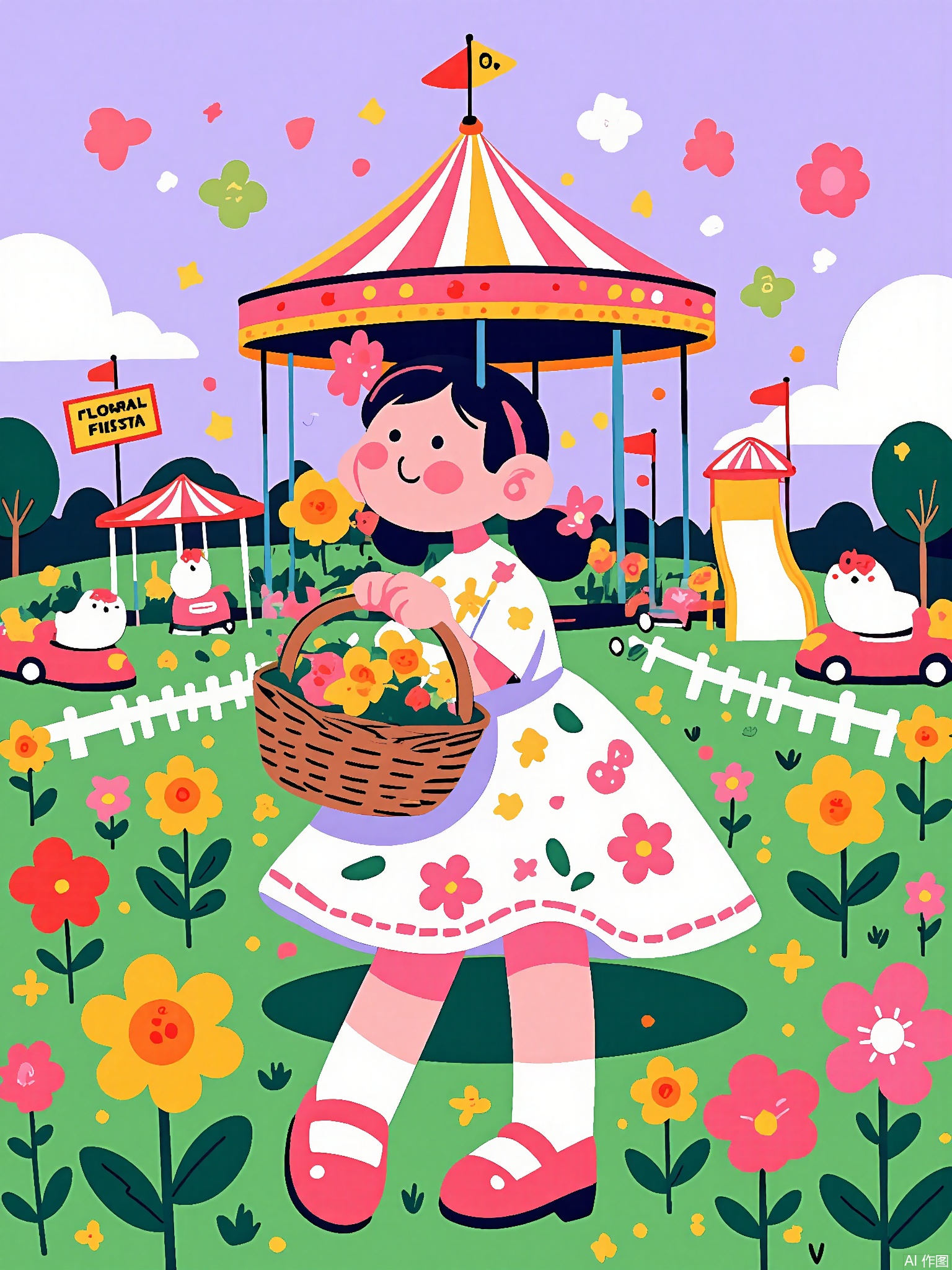 SLXT, A colorful, vector-lined commercial illustration of a flower-themed carnival. A little girl in a floral dress is picking flowers on a flower-shaped carousel. She holds a basket of flowers. The background depicts a blooming carnival with a sunflower slide, a rose-flavored cotton candy stand, and a sign reading "Floral Fiesta." The sky is a soft lavender with some fluffy white clouds. The style is whimsical and cartoonish, with bold outlines and bright, floral colors, evoking the beauty and joy of a flower carnival.
