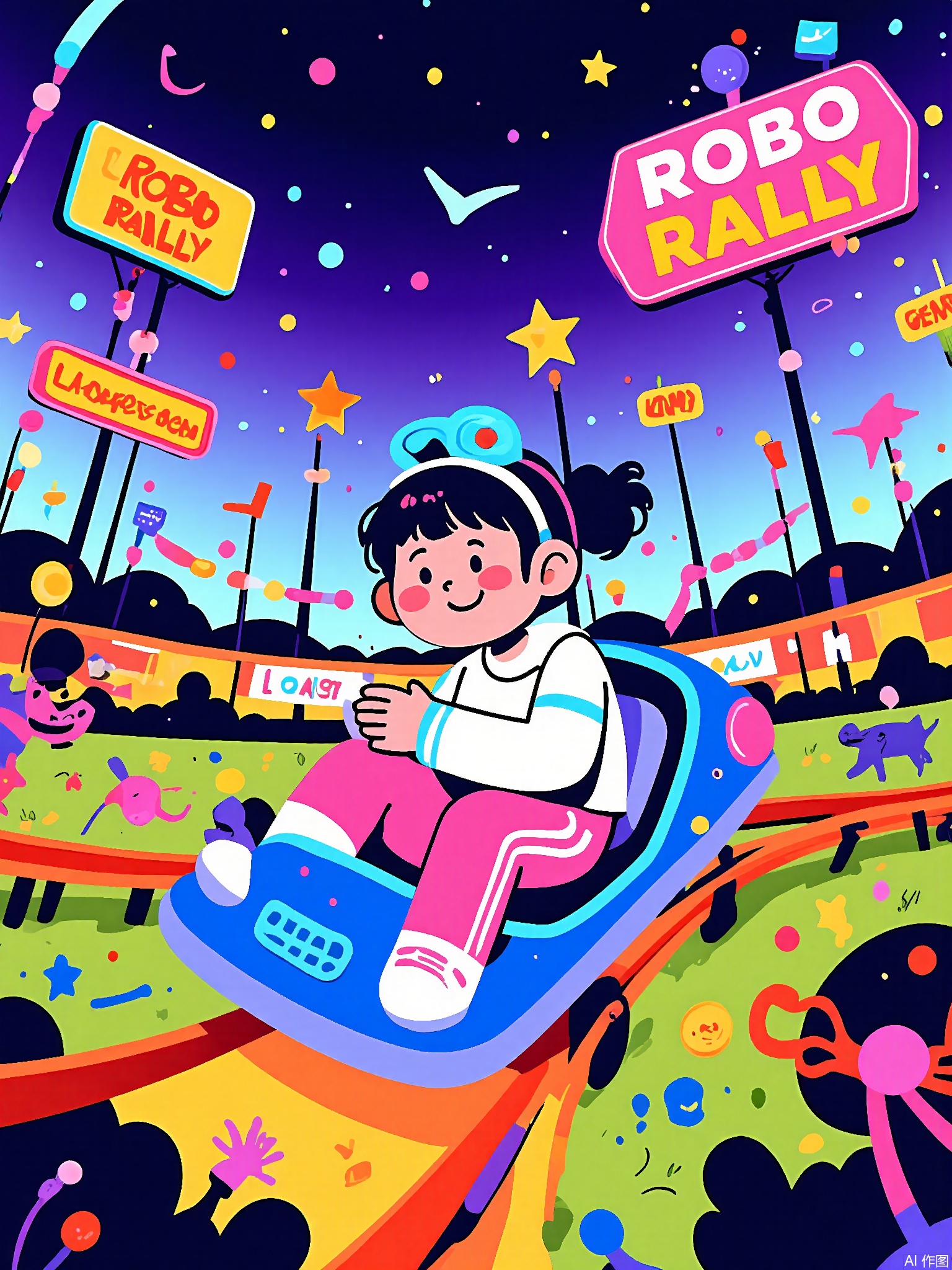 SLXT, A vibrant, vector-lined commercial illustration of a robot-themed carnival. A little girl in a futuristic outfit is riding a robot-shaped roller coaster. She holds a glowing toy. The background features a high-tech carnival with a laser tag arena, a robotic arm candy grabber, and a sign reading "Robo Rally." The sky is a dark purple with some neon lights. The style is energetic and cartoonish, with bold outlines and a mix of bright, futuristic colors, conveying the thrill and wonder of a robot carnival.
