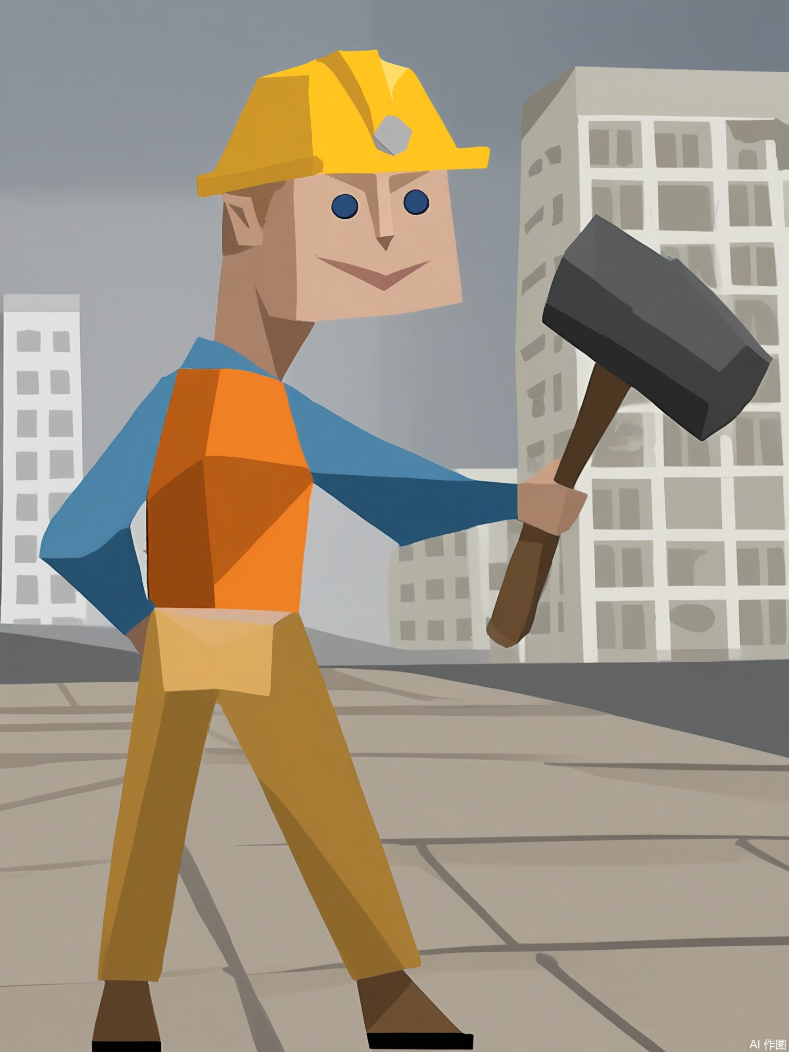 LPFG, Cartoon-style drawing of a construction worker with a trapezoid-shaped head, wearing a yellow hard hat and a bright orange vest. He stands confidently behind a pile of building materials, holding a hammer in his left hand and pointing with his right hand at a blueprint. The background is plain white. The construction worker's expression is determined and capable. The style is simple and blocky, reminiscent of low-poly art.
