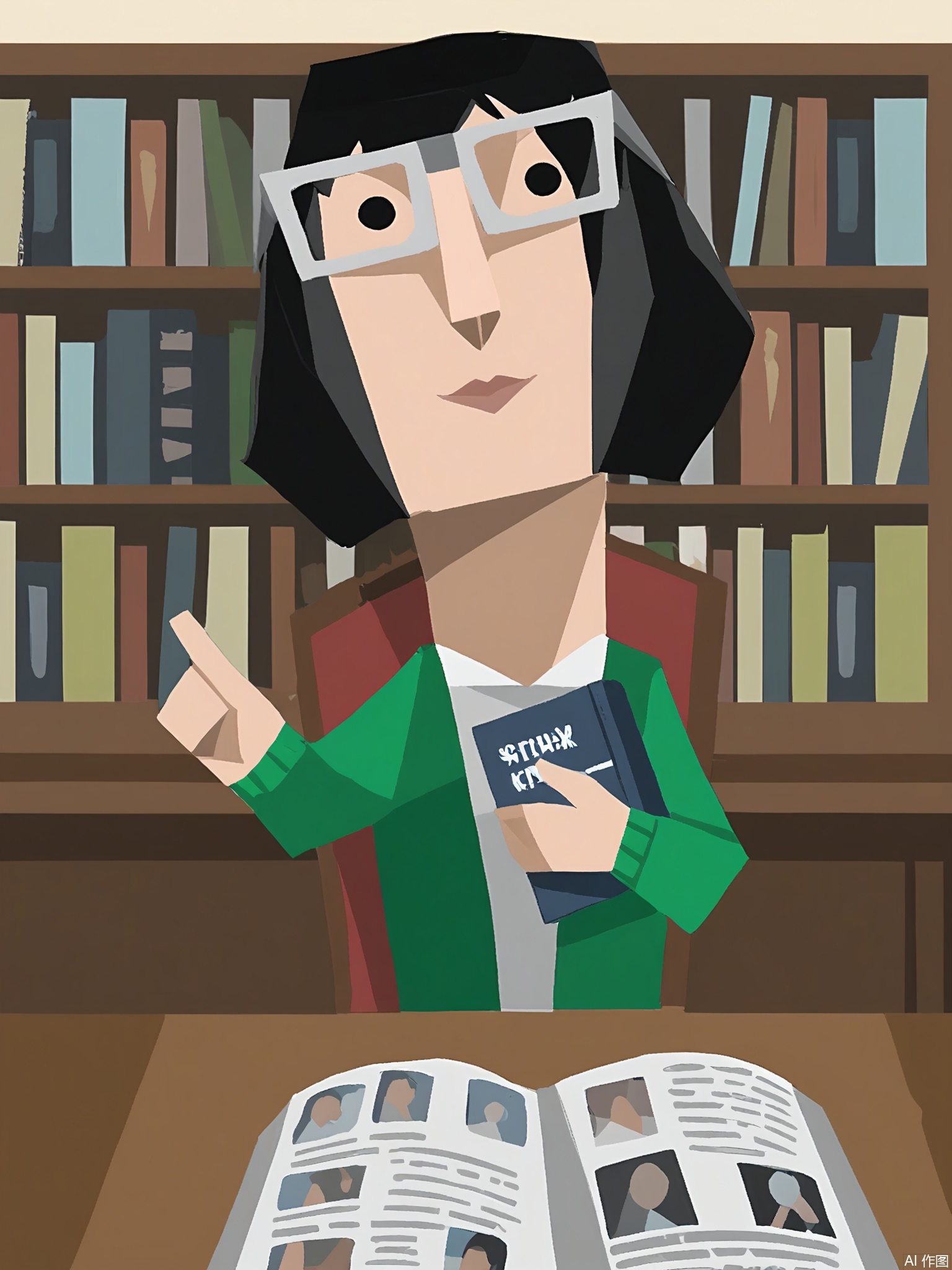 LPFG, Cartoon-style drawing of a librarian with a book-shaped head, wearing glasses and a green cardigan. She stands confidently behind a library desk, holding a stack of books in her left hand and pointing with her right hand at a catalog. The desk has a computer and a nameplate. The background is plain white. The librarian's expression is knowledgeable and helpful. The style is simple and blocky, reminiscent of low-poly art.
