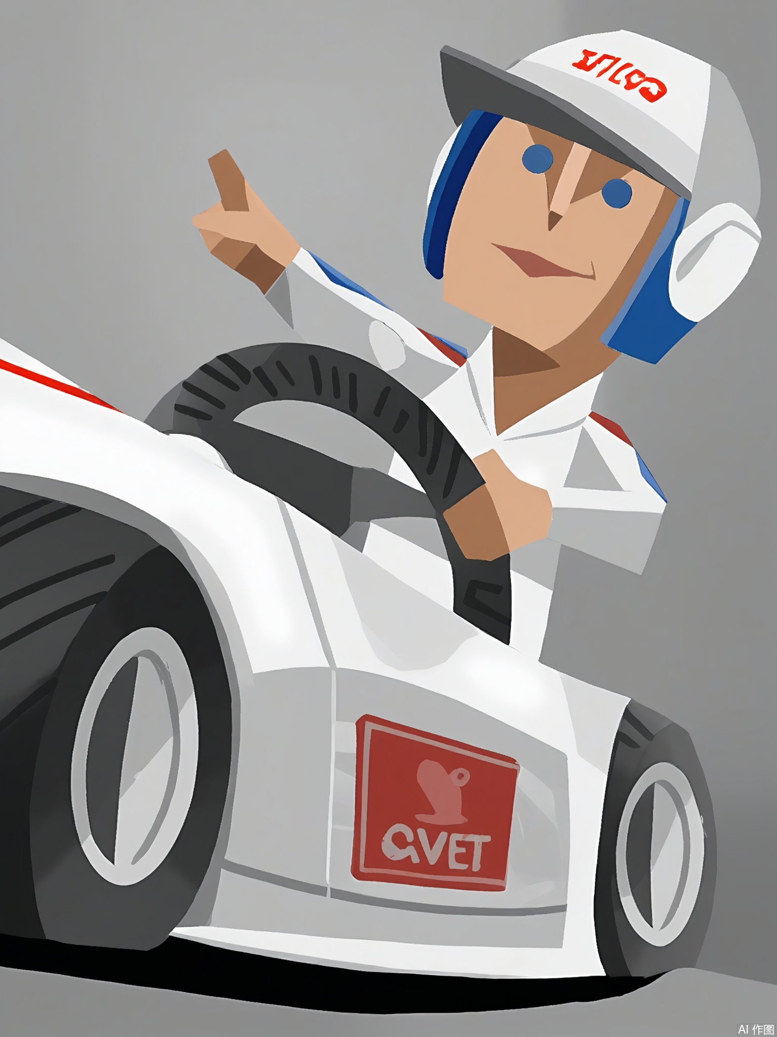 LPFG, Cartoon-style drawing of a race car driver with a tire-shaped head, wearing a racing suit and a helmet with a visor. He stands confidently next to a race car, holding a steering wheel in his left hand and pointing with his right hand at the track (implied by the plain white background). The race car has sponsor logos on it. The driver's expression is competitive and excited. The style is simple and blocky, reminiscent of low-poly art.

