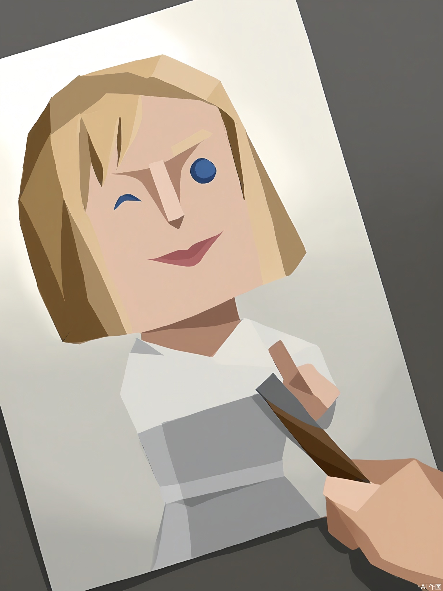 LPFG, Cartoon-style drawing of a painter with a palette-shaped head, wearing a smock covered in paint splatters. She stands confidently in front of an easel, holding a paintbrush in her left hand and pointing with her right hand at a canvas. The easel has a half-finished painting on it. The background is plain white. The painter's expression is creative and inspired. The style is simple and blocky, reminiscent of low-poly art.
