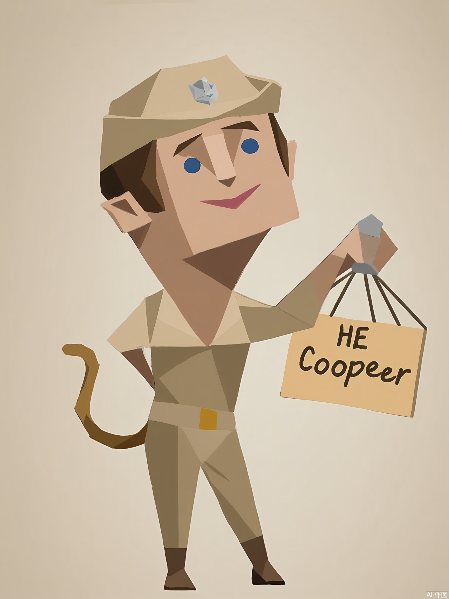 LPFG, Cartoon-style drawing of a zookeeper with an animal-print-shaped head (like a leopard), wearing a khaki uniform and a hat. He stands confidently behind a cage, holding a bunch of bananas in his left hand and pointing with his right hand at a monkey inside. The cage has a sign with the animal's name. The background is plain white. The zookeeper's expression is friendly and knowledgeable. The style is simple and blocky, reminiscent of low-poly art.
