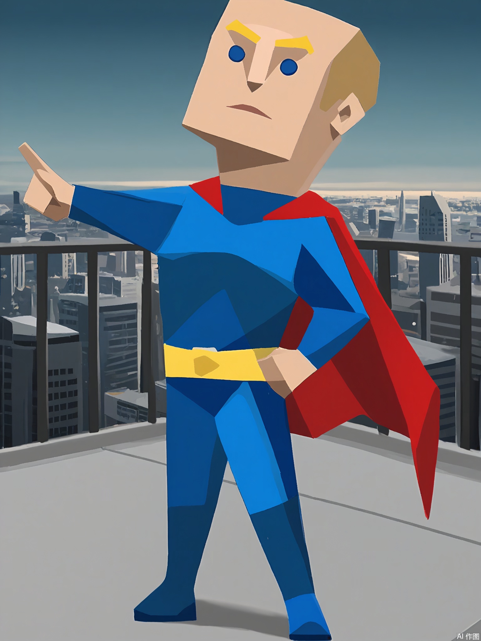 LPFG, Cartoon-style drawing of a superhero with a diamond-shaped head, wearing a bright blue costume with a red cape and a yellow belt. He stands confidently on a rooftop, one hand on his hip and the other pointing with his right hand at a distant city skyline. The cape billows in the wind. The background is plain white, emphasizing the hero's stance. The superhero's expression is determined and heroic. The style is simple and blocky, reminiscent of low-poly art.
