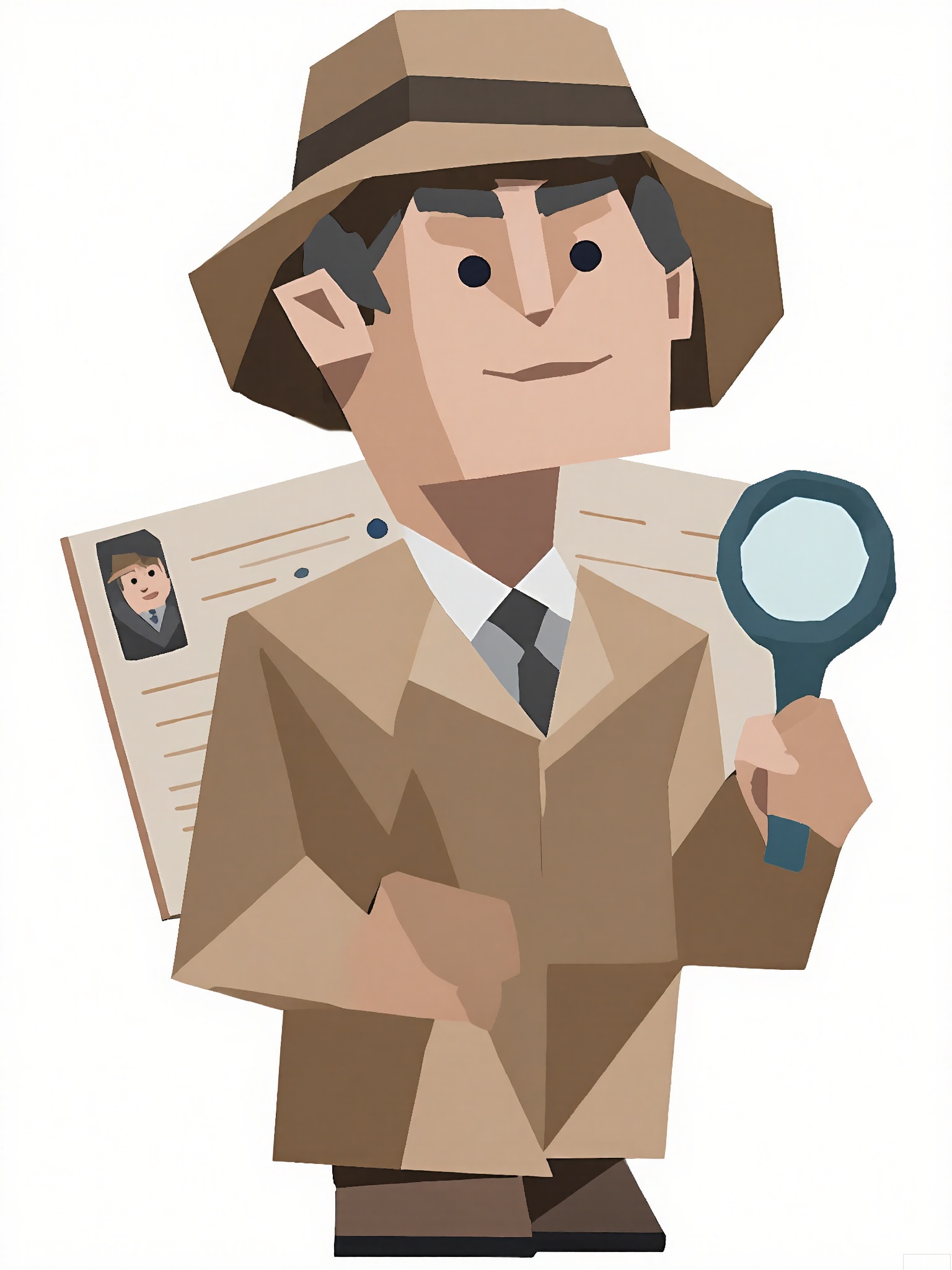 LPFG, Cartoon-style drawing of a detective with an octagon-shaped head, wearing a trench coat and a fedora hat. He stands confidently in front of a crime scene board, holding a magnifying glass in his left hand and pointing with his right hand at a clue on the board. The board has photos and notes pinned to it. The background is plain white. The detective's expression is sharp and analytical. The style is simple and blocky, reminiscent of low-poly art.
