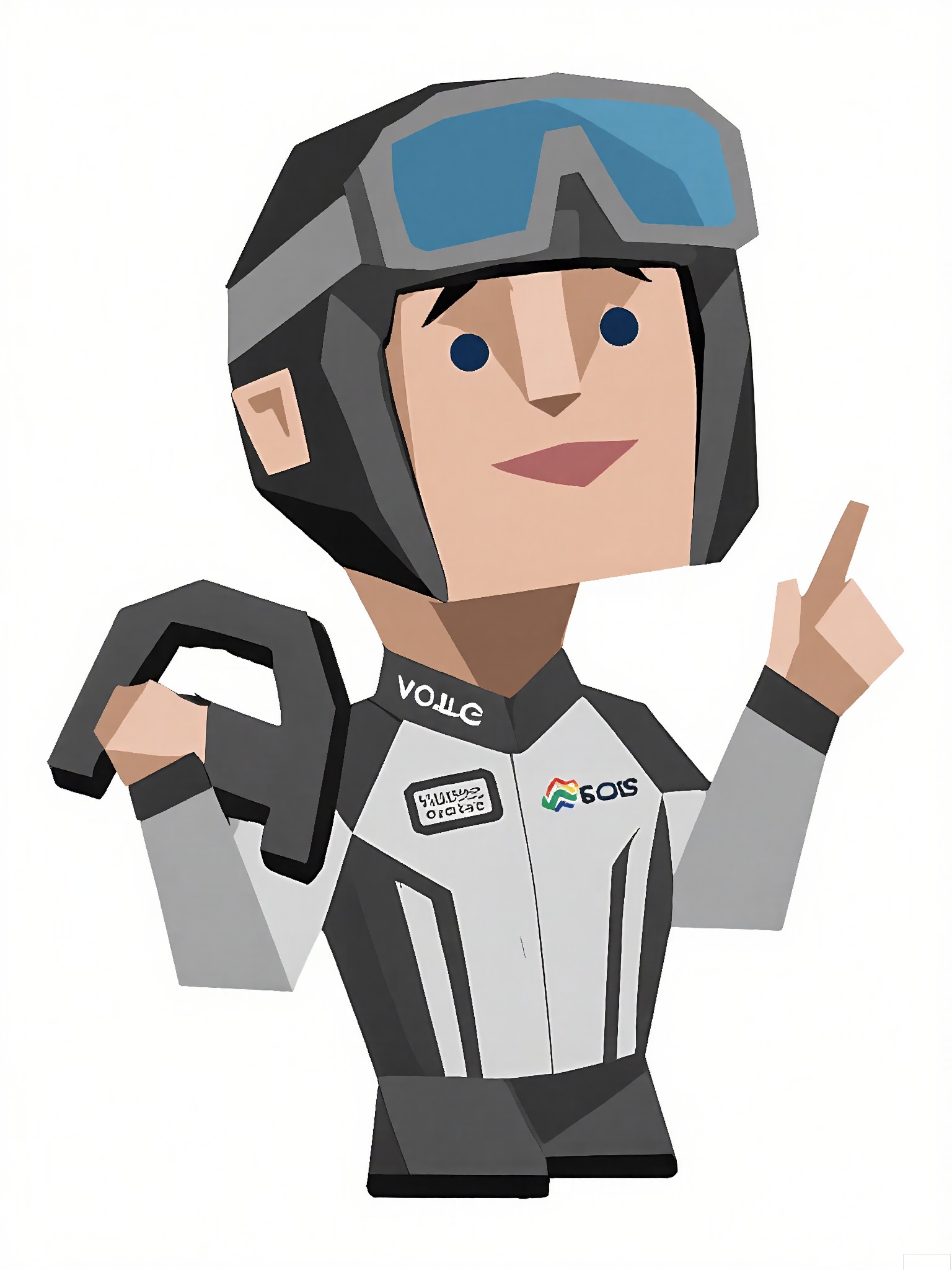 LPFG, Cartoon-style drawing of a race car driver with a tire-shaped head, wearing a racing suit and a helmet with a visor. He stands confidently next to a race car, holding a steering wheel in his left hand and pointing with his right hand at the track (implied by the plain white background). The race car has sponsor logos on it. The driver's expression is competitive and excited. The style is simple and blocky, reminiscent of low-poly art.
