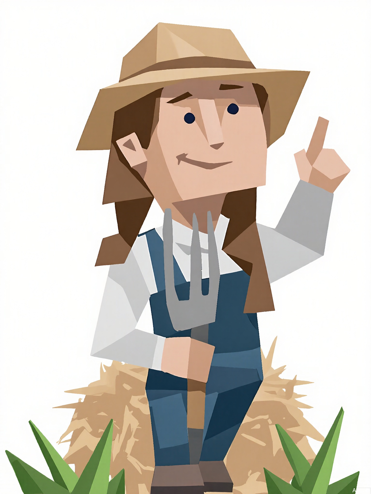 LPFG, Cartoon-style drawing of a farmer with a star-shaped head, wearing a straw hat and overalls. He stands confidently behind a pile of hay, holding a pitchfork in his left hand and pointing with his right hand at a field of crops. The background is plain white, emphasizing the farmer's connection to the land. The farmer's expression is content and hardworking. The style is simple and blocky, reminiscent of low-poly art.
