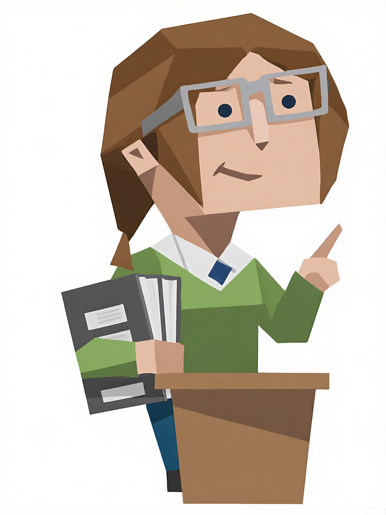 LPFG, Cartoon-style drawing of a librarian with a book-shaped head, wearing glasses and a green cardigan. She stands confidently behind a library desk, holding a stack of books in her left hand and pointing with her right hand at a catalog. The desk has a computer and a nameplate. The background is plain white. The librarian's expression is knowledgeable and helpful. The style is simple and blocky, reminiscent of low-poly art.
