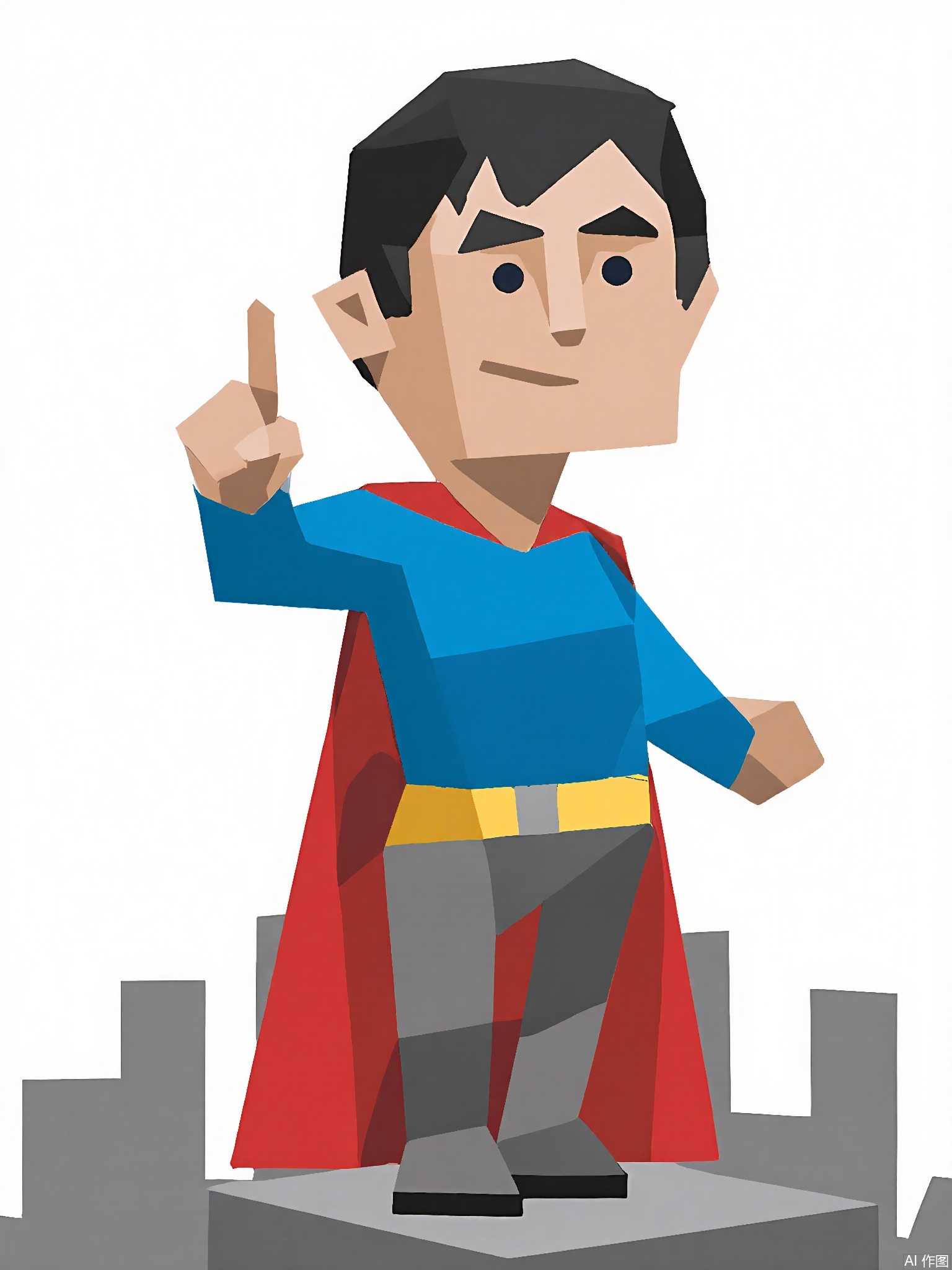 LPFG, Cartoon-style drawing of a superhero with a diamond-shaped head, wearing a bright blue costume with a red cape and a yellow belt. He stands confidently on a rooftop, one hand on his hip and the other pointing with his right hand at a distant city skyline. The cape billows in the wind. The background is plain white, emphasizing the hero's stance. The superhero's expression is determined and heroic. The style is simple and blocky, reminiscent of low-poly art.
