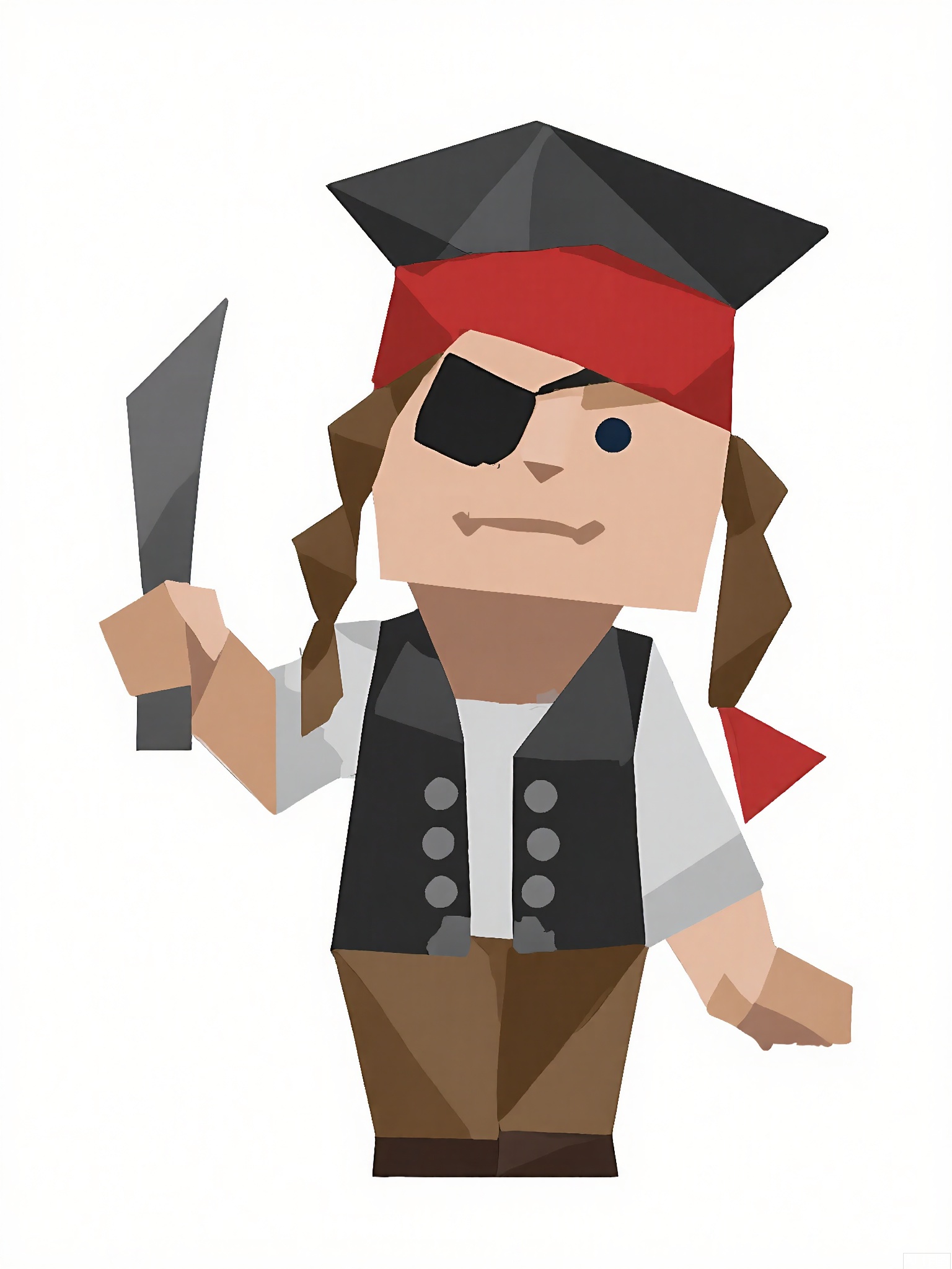 LPFG, Cartoon-style drawing of a pirate with a pentagon-shaped head, wearing a tricorn hat, a red bandana, and a black eye patch. He stands confidently on the deck of a ship, holding a cutlass in his left hand and pointing with his right hand at the horizon. The ship's mast and sails are visible in the background, but the overall setting is a plain white space to focus on the pirate. The pirate's expression is fierce and adventurous. The style is simple and blocky, reminiscent of low-poly art.
