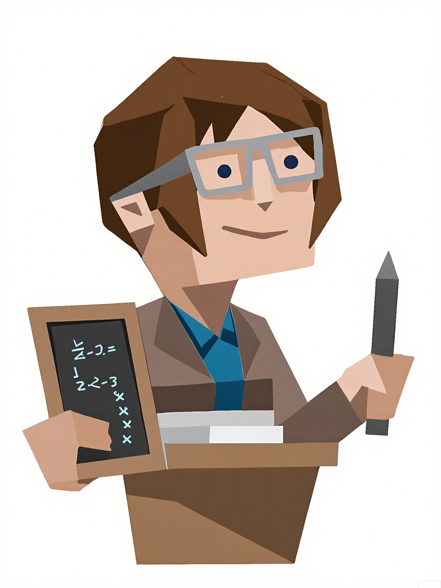 LPFG, Cartoon-style drawing of a teacher with a rectangular-shaped head, wearing glasses and a brown blazer over a blue blouse. She stands confidently behind a school desk, holding a piece of chalk in her left hand and pointing with her right hand at a blackboard filled with equations. The desk has some textbooks and a stack of papers. The background is plain white. The teacher's expression is patient and encouraging. The style is simple and blocky, reminiscent of low-poly art.
