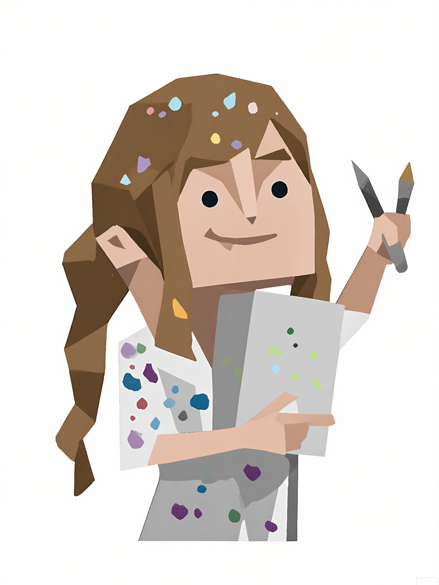 LPFG, Cartoon-style drawing of a painter with a palette-shaped head, wearing a smock covered in paint splatters. She stands confidently in front of an easel, holding a paintbrush in her left hand and pointing with her right hand at a canvas. The easel has a half-finished painting on it. The background is plain white. The painter's expression is creative and inspired. The style is simple and blocky, reminiscent of low-poly art.
