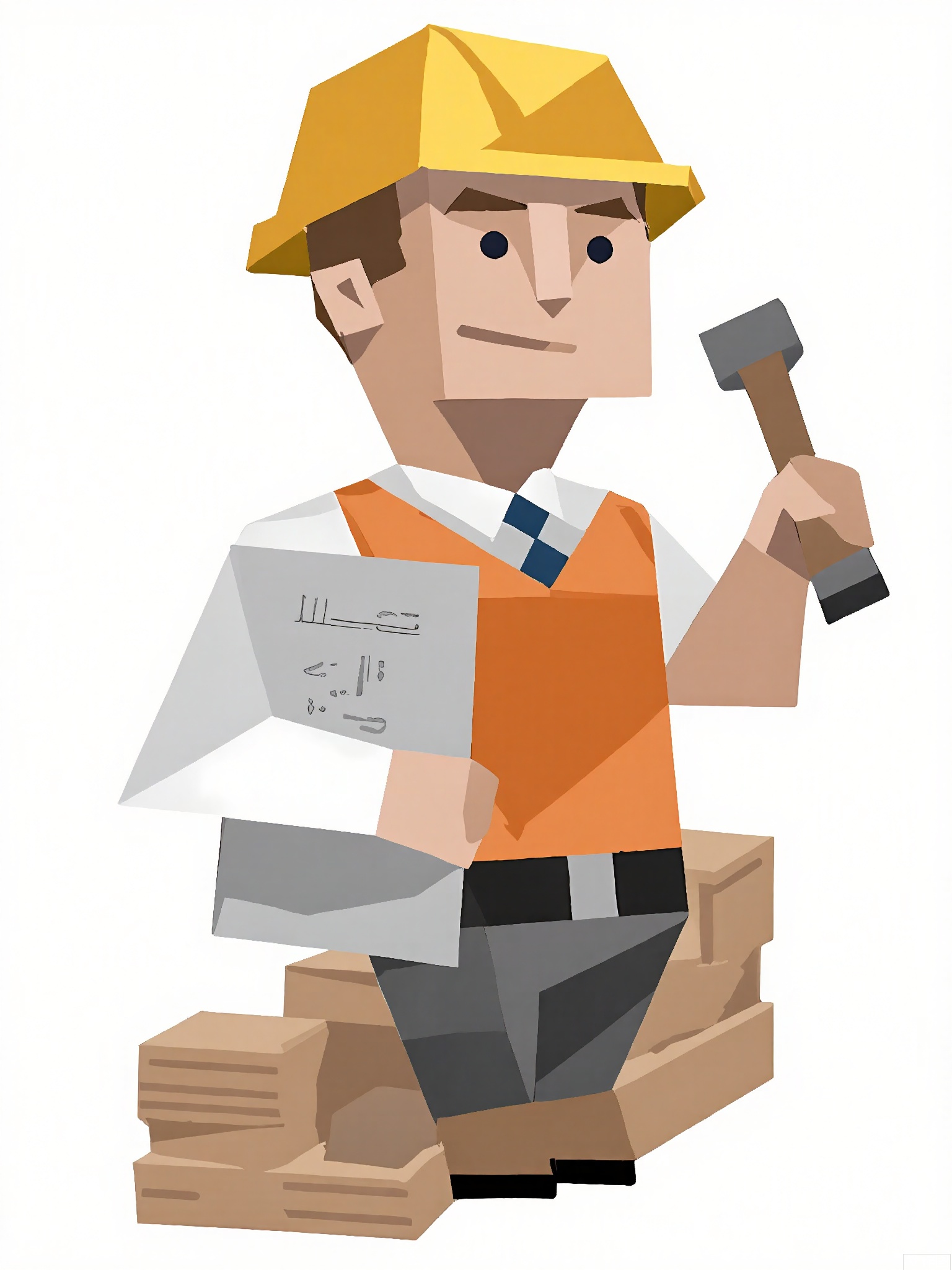 LPFG, Cartoon-style drawing of a construction worker with a trapezoid-shaped head, wearing a yellow hard hat and a bright orange vest. He stands confidently behind a pile of building materials, holding a hammer in his left hand and pointing with his right hand at a blueprint. The background is plain white. The construction worker's expression is determined and capable. The style is simple and blocky, reminiscent of low-poly art.
