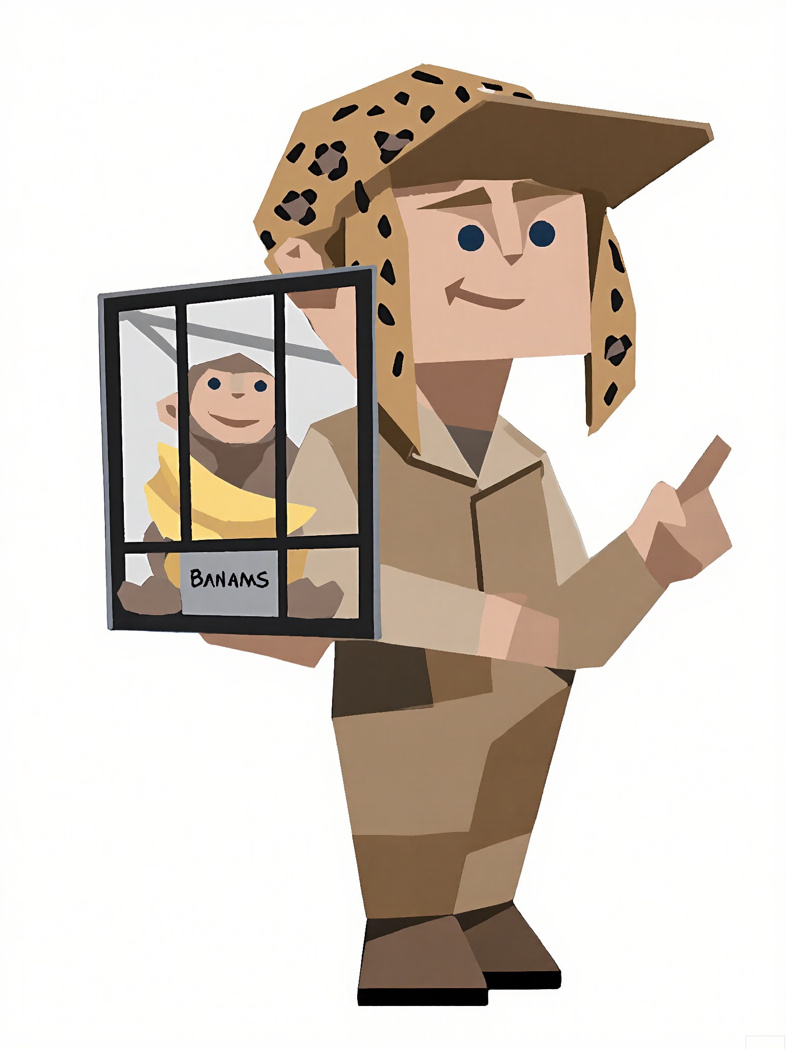 LPFG, Cartoon-style drawing of a zookeeper with an animal-print-shaped head (like a leopard), wearing a khaki uniform and a hat. He stands confidently behind a cage, holding a bunch of bananas in his left hand and pointing with his right hand at a monkey inside. The cage has a sign with the animal's name. The background is plain white. The zookeeper's expression is friendly and knowledgeable. The style is simple and blocky, reminiscent of low-poly art.
