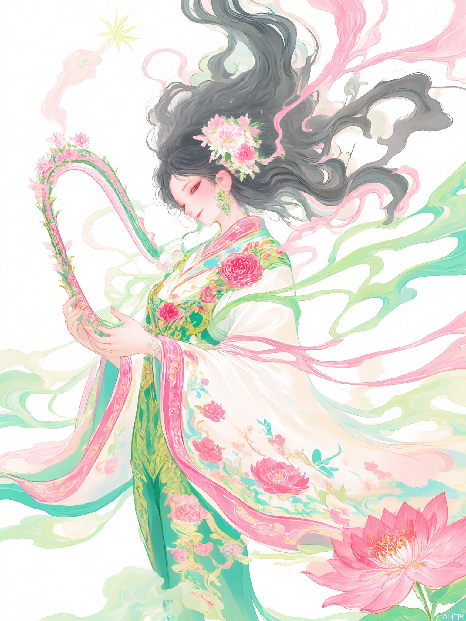 GFYQ, A celadon-glazed style digital illustration of a charming courtesan with a seductive smile. Her long, black hair is adorned with pink and white flowers, and she wears a celadon and pink silk kimono with floral patterns. She plays a guqin in a pavilion, holding the instrument in her left hand, while her right hand plucks the strings. The background is minimalistic, with soft celadon and soft pink hues, showing a view of a blooming garden. The style is reminiscent of Chinese courtesan illustrations with a celadon glaze, featuring delicate lines and a romantic, alluring atmosphere. The courtesan has a captivating and elegant expression, and the overall composition exudes sensuality and grace.

