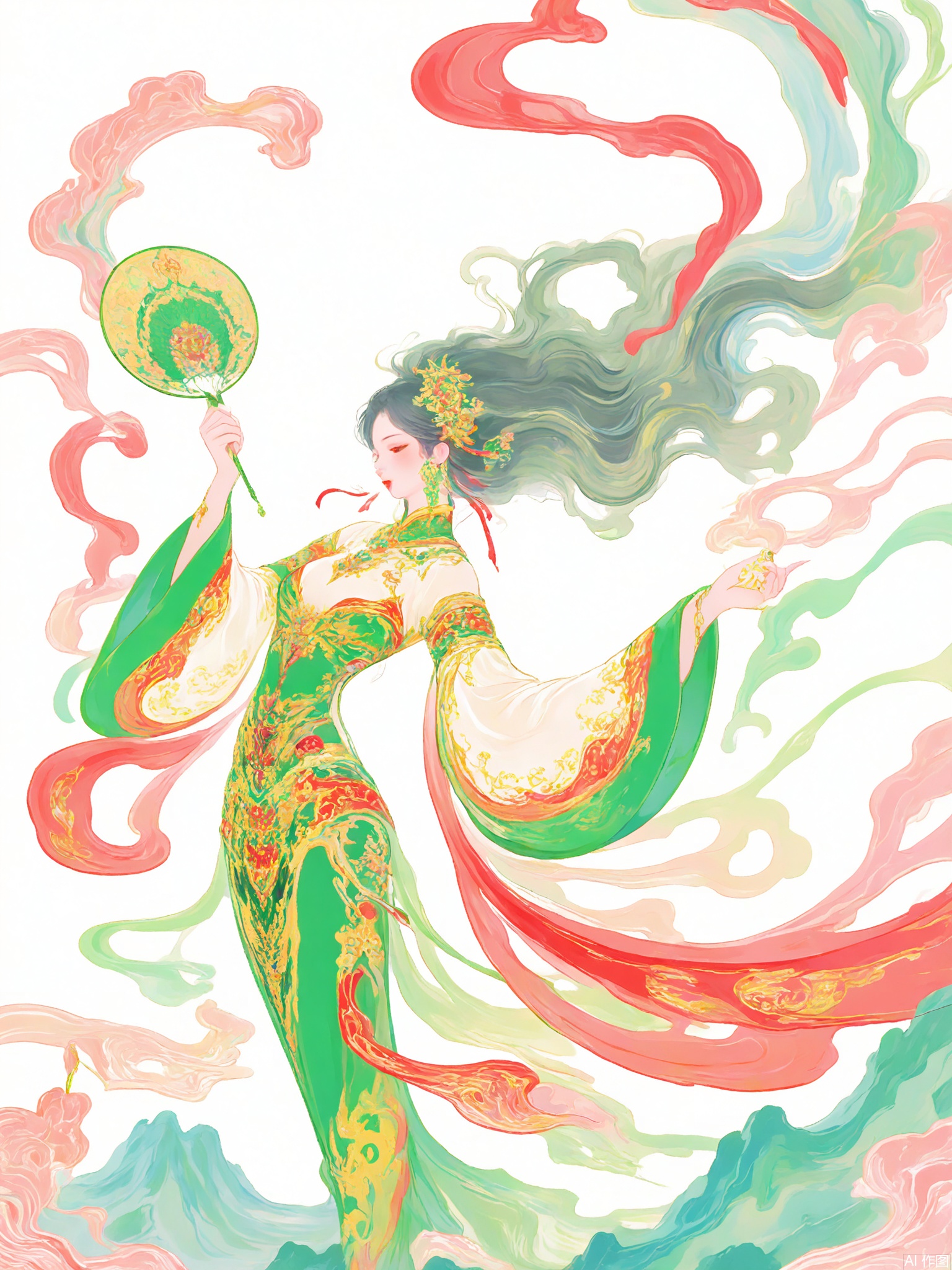 GFYQ, A celadon-glazed style digital illustration of a beautiful dancer with long, flowing hair tied up with a red ribbon. She wears a celadon and gold silk costume with phoenix patterns. She dances in a grand hall, holding a fan in her left hand, while her right hand is raised gracefully. The background is minimalistic, with soft celadon and red hues, featuring traditional Chinese decorative patterns. The style is reminiscent of Chinese opera illustrations with a celadon glaze, featuring flowing lines and a lively, dynamic atmosphere. The dancer has a passionate and enchanting expression, and the overall composition exudes elegance and charm.
