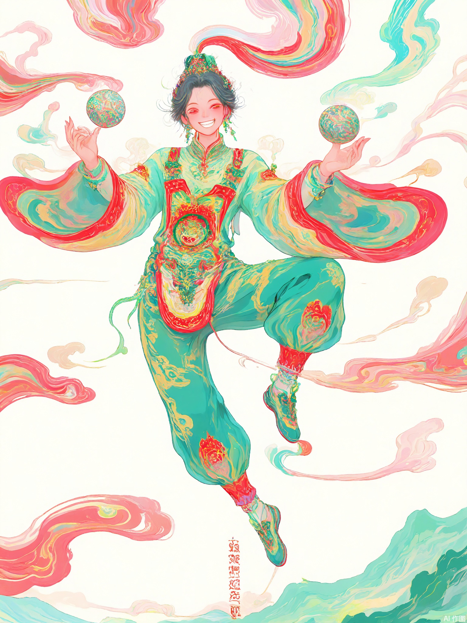 GFYQ, A celadon-glazed style digital illustration of a lively street performer with a mischievous grin. His hair is short and spiky, dyed in a mix of celadon and black. He wears a colorful costume with celadon accents, juggling three balls in his left hand while balancing on a ball with his right foot. The background is minimalistic, with soft celadon and bright red hues, showing a bustling street scene. The style is reminiscent of Chinese folk art illustrations with a celadon glaze, featuring dynamic lines and a festive, energetic atmosphere. The street performer has a cheerful and energetic expression, and the overall composition exudes fun and excitement.
