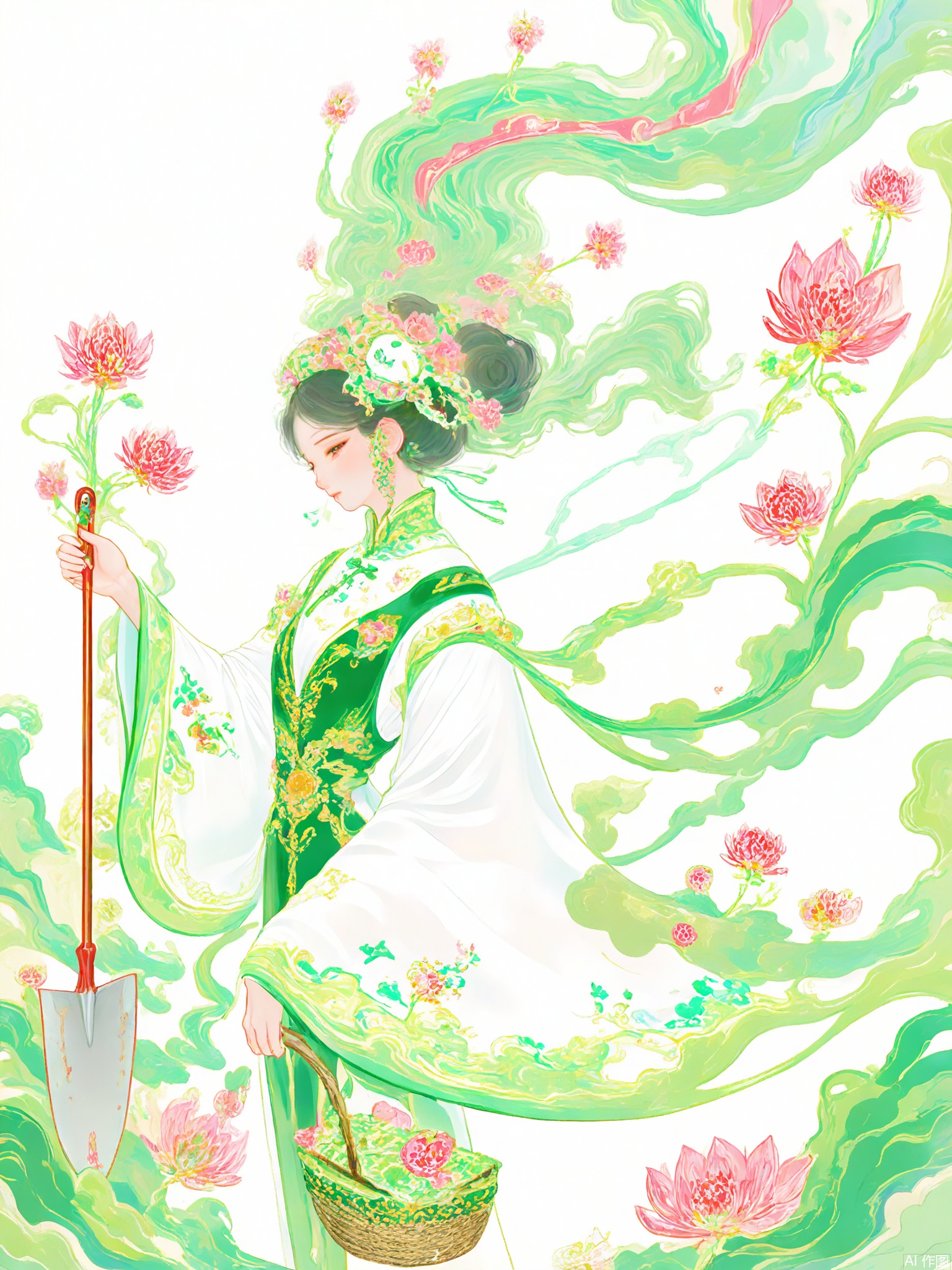 GFYQ, A celadon-glazed style digital illustration of a kind-hearted herbalist with a gentle face and a basket of herbs in her left hand. Her hair is tied up with a green ribbon, and she wears a simple celadon and white cotton dress. She stands in a herbal garden, holding a small shovel in her right hand, looking at a blooming herb. The background is minimalistic, with soft celadon and light green hues, showing various medicinal plants. The style is inspired by traditional Chinese medical illustrations with a celadon glaze, featuring detailed lines and a natural, healing atmosphere. The herbalist has a caring and knowledgeable expression, and the overall composition exudes warmth and expertise.
