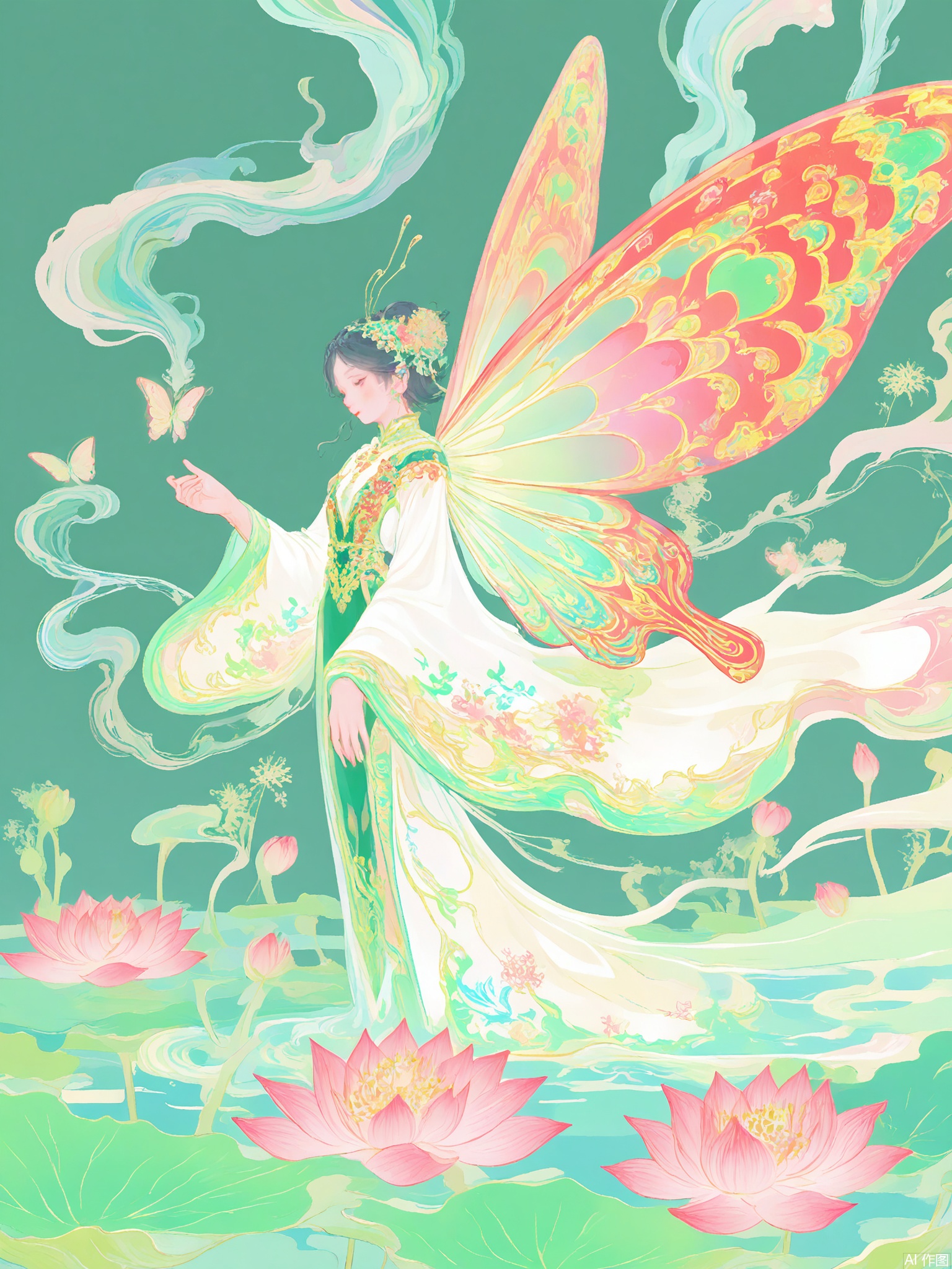 GFYQ, A celadon-glazed style digital illustration of a playful fairy with iridescent wings shaped like butterflies. Her hair is a mix of soft blues and greens, adorned with tiny celadon beads. She wears a light, flowing celadon dress with floral patterns. She hovers above a lotus pond, holding a water lily in her left hand, while her right hand sprinkles water droplets. The background is minimalistic, with soft celadon and light blue hues. The style is reminiscent of Chinese fairy-tale illustrations with a celadon glaze, featuring whimsical lines and a magical, ethereal atmosphere. The fairy has a mischievous yet innocent expression, and the overall composition exudes enchantment and joy.
