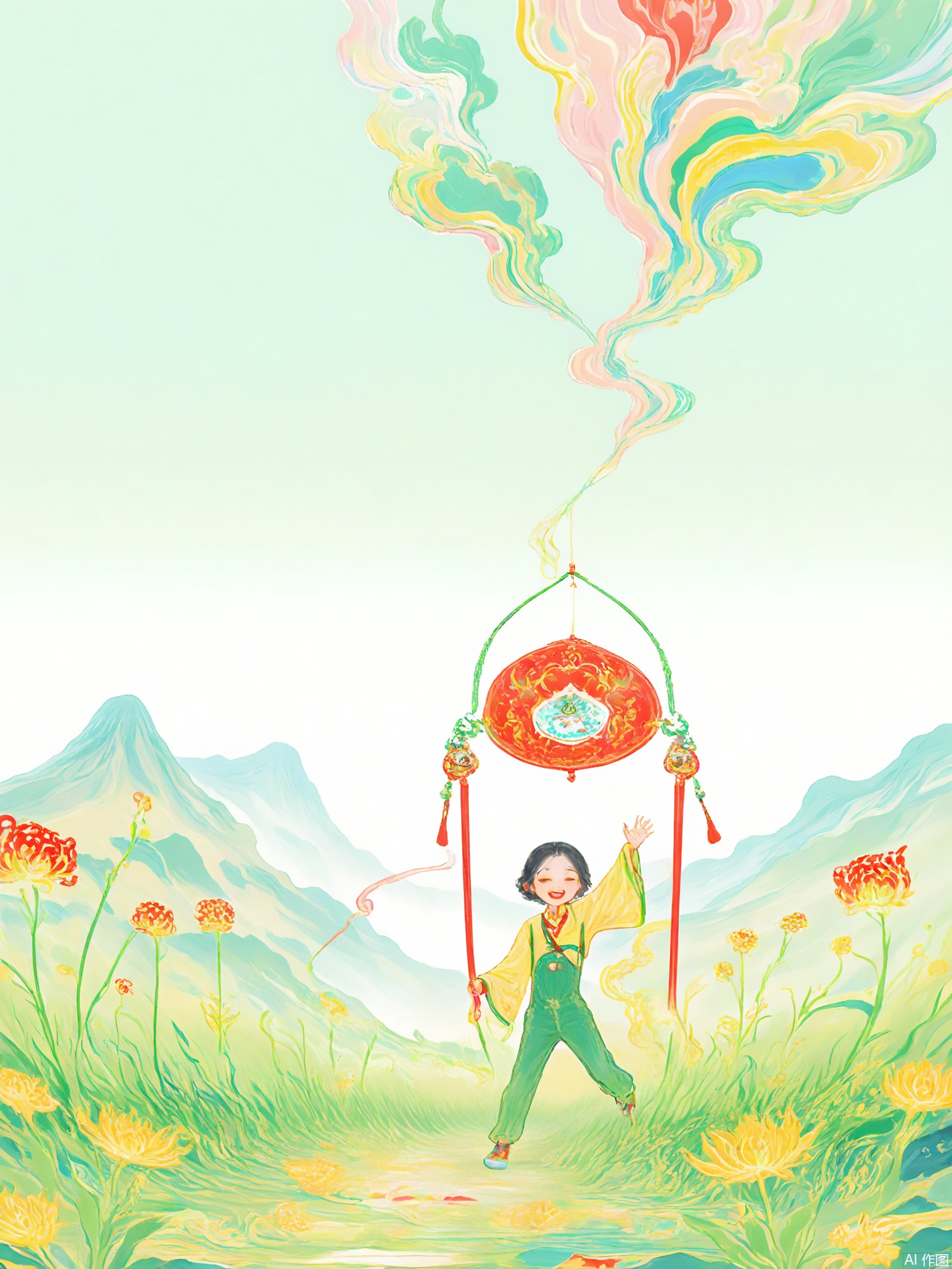 GFYQ, A celadon-glazed style digital illustration of a lively child with a big smile. His short, black hair is sticking up, and he wears a celadon and red cotton outfit with animal patterns. He runs in a field, holding a kite in his left hand, while his right hand is waving. The background is minimalistic, with soft celadon and bright yellow hues, showing a sunny sky and green grass. The style is inspired by Chinese children's illustrations with a celadon glaze, featuring playful lines and a joyful, carefree atmosphere. The child has an innocent and energetic expression, and the overall composition exudes happiness and vitality.

