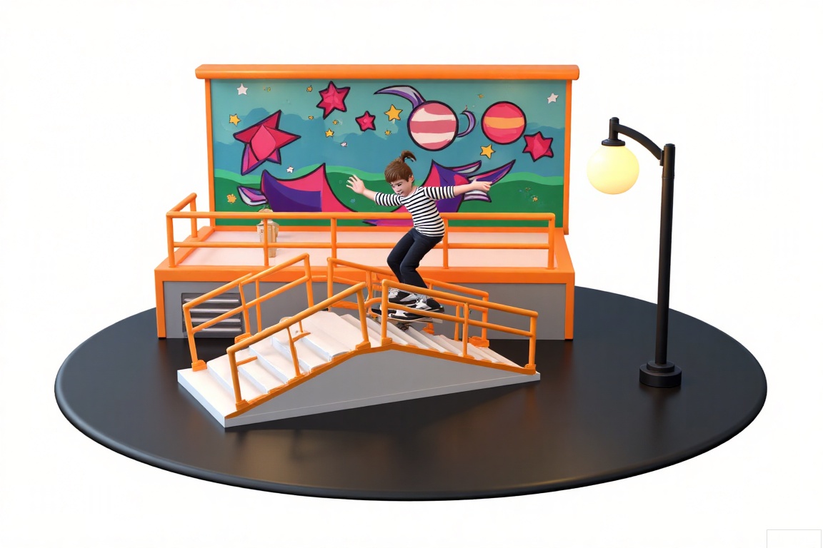 ,3D small scene, the picture depicts a skateboarder performing skills on a ramp. Skateboarder wears striped shirt, black pants and sneakers. This ramp is part of the skate park facility, surrounded by orange railings and a huge graffiti-style mural with stars, planets and abstract patterns. There is a street lamp on the right side of the screen, and the lamp has a circular lampshade. The ground is a dark smooth surface, and there are stairs leading to the ramp. The entire scene is vibrant and colorful, with a focus on the skateboarder and the skate park environment.
