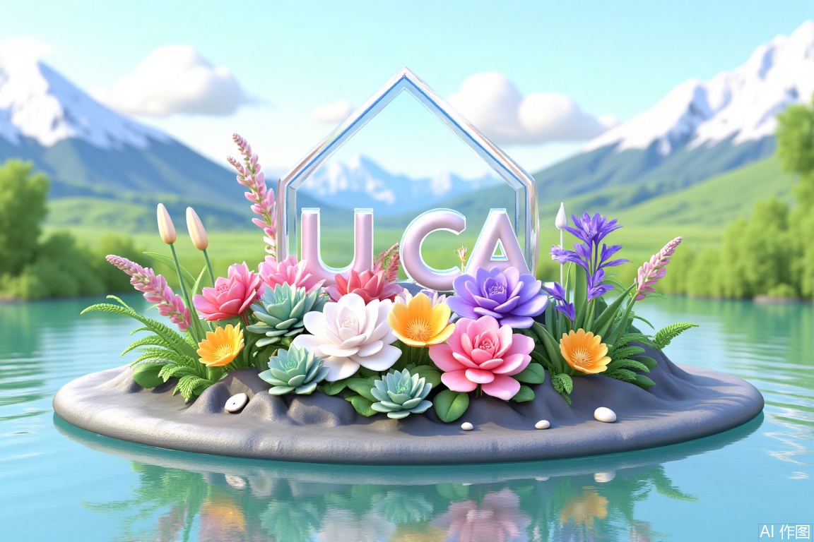 ,3D small scene, Yuecai water art, flower plants, succulents. In the center of the picture, a crystal clear sign with a glass-like texture is presented, filled with colorful flowers and beautiful succulents, whose surface is flashing with a soft iridescent refracting light, forming a perfect symmetry with the reflection in the water. Surrounding the main body is a layer of three-dimensional garland structure—the foreground is covered with dewdrop pink and white roses, lilac irises and pink succulents, the middle scene transitions to golden tulips and blue-purple hydrangeas, while the background is naturally outlined by feathery silver leaf ferns and lush green ivy. In the distance, the snow-capped peaks become blurred by depth of field treatment, contrasting with the fluffy cumulus clouds in the clear sky. The light uses a 45-degree morning light angle, carving a delicate spot texture on the surface of the glass logo, while star-like ripples scattered on the water. All flowers maintain a translucent texture, with a faint halo at the edges of the petals, which resonate with the main body. The composition follows the golden spiral proportions, guides visual flow through layers of scenery, creating a surreal natural aesthetic space, with breathability and cohesion, and is rendered in a hyperrealistic style using C4D. Negative prompt Copy