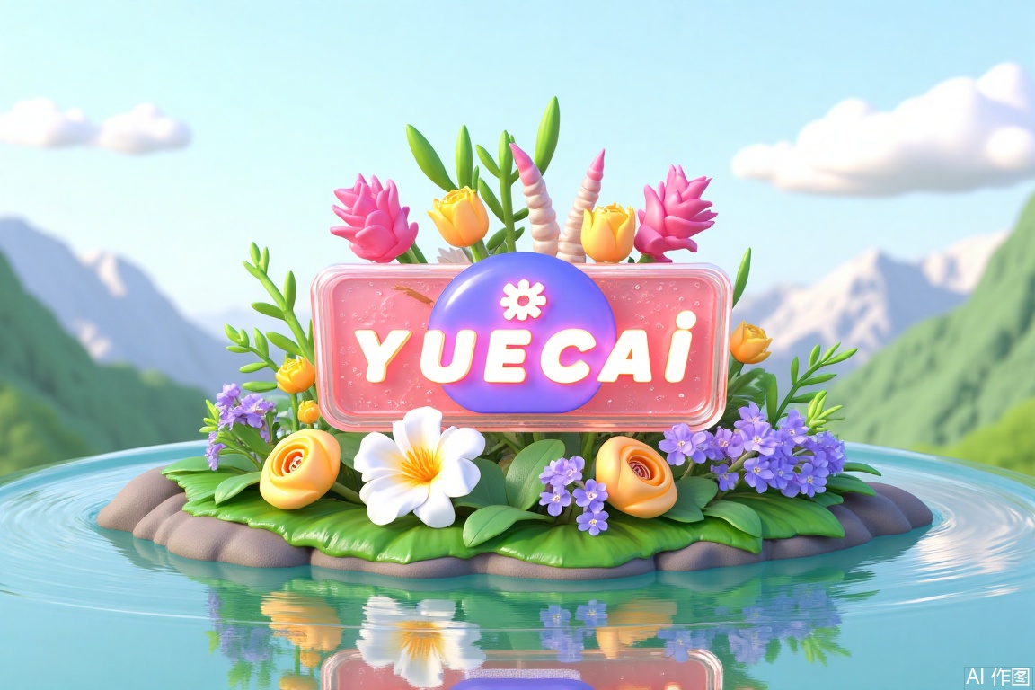 ,3D small scene, Yuecai water art, flower plants, succulents. In the center of the picture, a crystal clear sign with a glass-like texture is presented, filled with colorful flowers and beautiful succulents, whose surface is flashing with a soft iridescent refracting light, forming a perfect symmetry with the reflection in the water. Surrounding the main body is a layer of three-dimensional garland structure—the foreground is covered with dewdrop pink and white roses, lilac irises and pink succulents, the middle scene transitions to golden tulips and blue-purple hydrangeas, while the background is naturally outlined by feathery silver leaf ferns and lush green ivy. In the distance, the snow-capped peaks become blurred by depth of field treatment, contrasting with the fluffy cumulus clouds in the clear sky. The light uses a 45-degree morning light angle, carving a delicate spot texture on the surface of the glass logo, while star-like ripples scattered on the water. All flowers maintain a translucent texture, with a faint halo at the edges of the petals, which resonate with the main body. The composition follows the golden spiral proportions, guides visual flow through layers of scenery, creating a surreal natural aesthetic space, with breathability and cohesion, and is rendered in a hyperrealistic style using C4D. Negative prompt Copy
