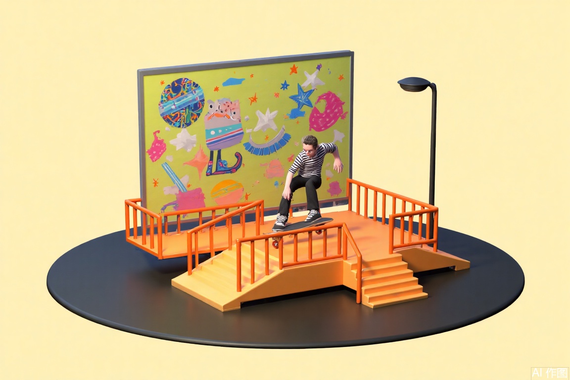 ,3D small scene, the picture depicts a skateboarder performing skills on a ramp. Skateboarder wears striped shirt, black pants and sneakers. This ramp is part of the skate park facility, surrounded by orange railings and a huge graffiti-style mural with stars, planets and abstract patterns. There is a street lamp on the right side of the screen, and the lamp has a circular lampshade. The ground is a dark smooth surface, and there are stairs leading to the ramp. The entire scene is vibrant and colorful, with a focus on the skateboarder and the skate park environment.