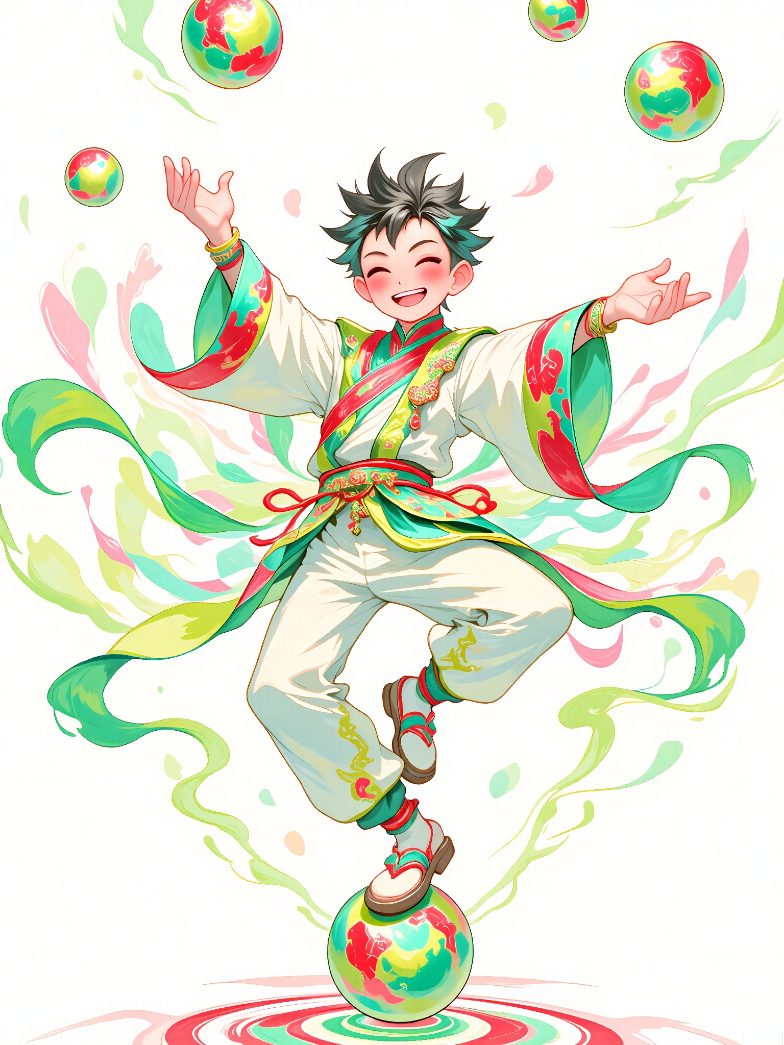 GFYQ, A celadon-glazed style digital illustration of a lively street performer with a mischievous grin. His hair is short and spiky, dyed in a mix of celadon and black. He wears a colorful costume with celadon accents, juggling three balls in his left hand while balancing on a ball with his right foot. The background is minimalistic, with soft celadon and bright red hues, showing a bustling street scene. The style is reminiscent of Chinese folk art illustrations with a celadon glaze, featuring dynamic lines and a festive, energetic atmosphere. The street performer has a cheerful and energetic expression, and the overall composition exudes fun and excitement.
