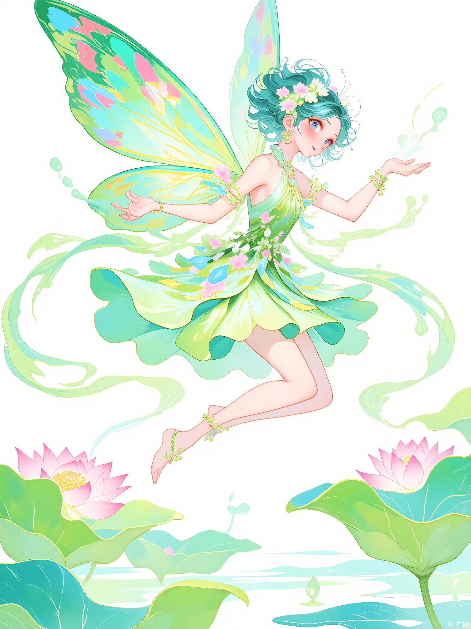 GFYQ, A celadon-glazed style digital illustration of a playful fairy with iridescent wings shaped like butterflies. Her hair is a mix of soft blues and greens, adorned with tiny celadon beads. She wears a light, flowing celadon dress with floral patterns. She hovers above a lotus pond, holding a water lily in her left hand, while her right hand sprinkles water droplets. The background is minimalistic, with soft celadon and light blue hues. The style is reminiscent of Chinese fairy-tale illustrations with a celadon glaze, featuring whimsical lines and a magical, ethereal atmosphere. The fairy has a mischievous yet innocent expression, and the overall composition exudes enchantment and joy.
