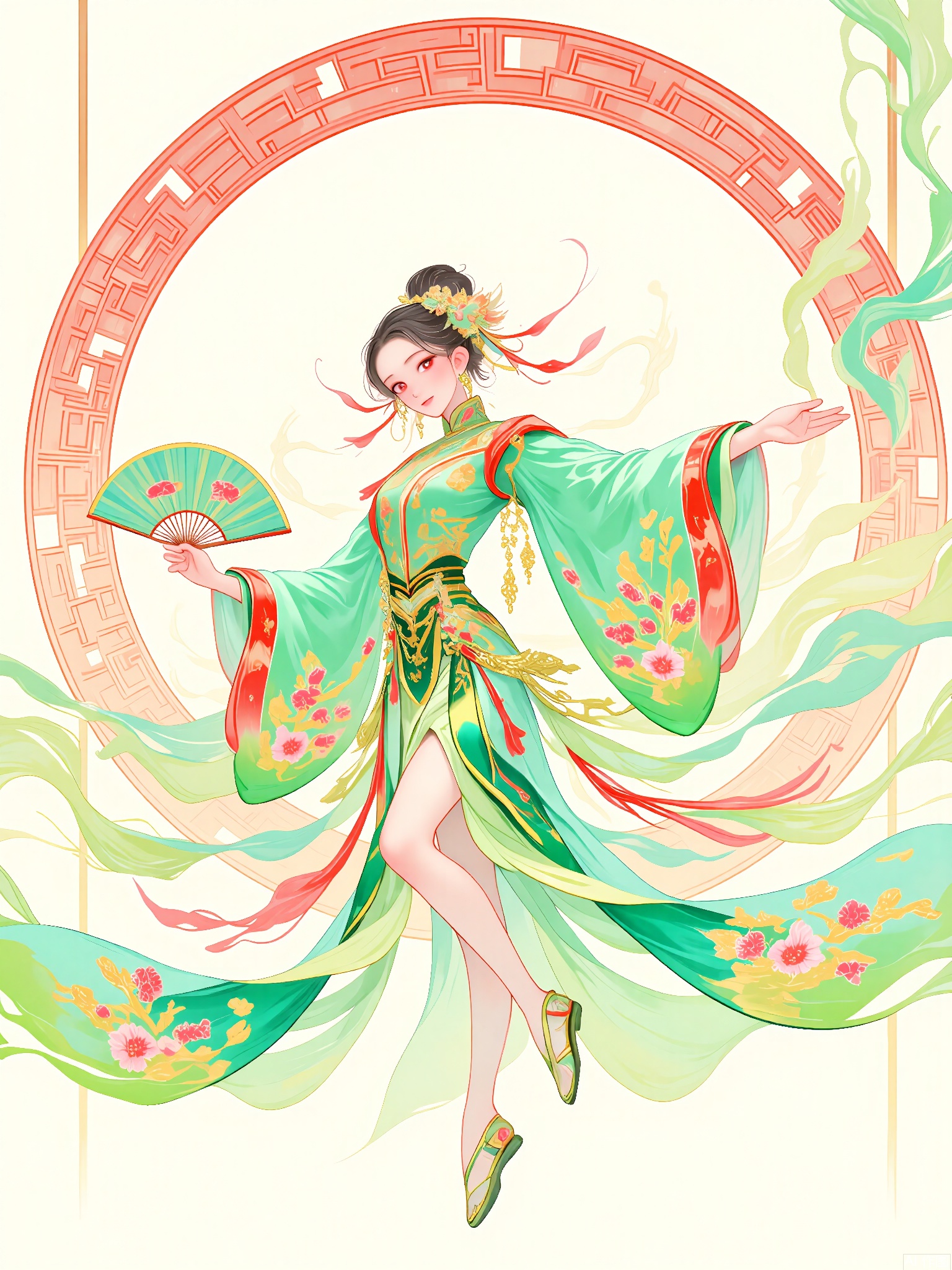 GFYQ, A celadon-glazed style digital illustration of a beautiful dancer with long, flowing hair tied up with a red ribbon. She wears a celadon and gold silk costume with phoenix patterns. She dances in a grand hall, holding a fan in her left hand, while her right hand is raised gracefully. The background is minimalistic, with soft celadon and red hues, featuring traditional Chinese decorative patterns. The style is reminiscent of Chinese opera illustrations with a celadon glaze, featuring flowing lines and a lively, dynamic atmosphere. The dancer has a passionate and enchanting expression, and the overall composition exudes elegance and charm.
